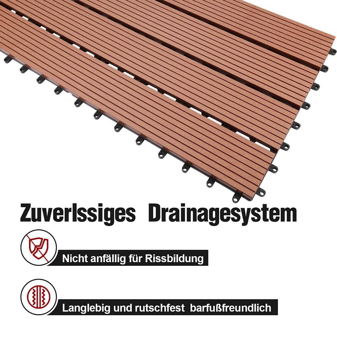 Zuverlässiges Drainsystem' Holzfliesen, wobei Merkmale hervorgehoben werden: 'Nicht anfällig für Rissbildung' und 'Langlebig und rutschfest barfußfreundlich'.