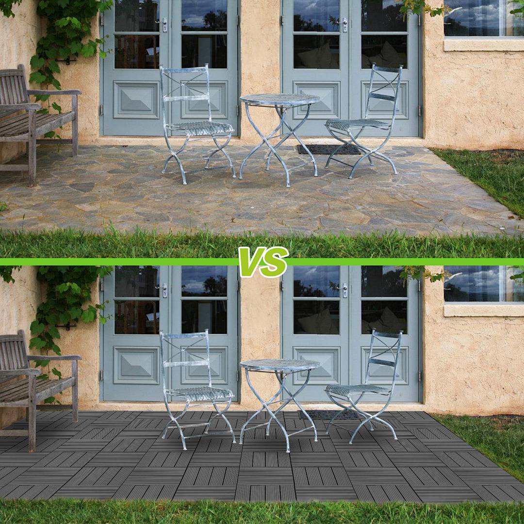 Zwei Bilder vergleichen Terrassenbeläge: Das obere zeigt eine schlichte Steinoberfläche, das untere präsentiert ineinandergreifende dunkelbraune holzähnliche Fliesen.