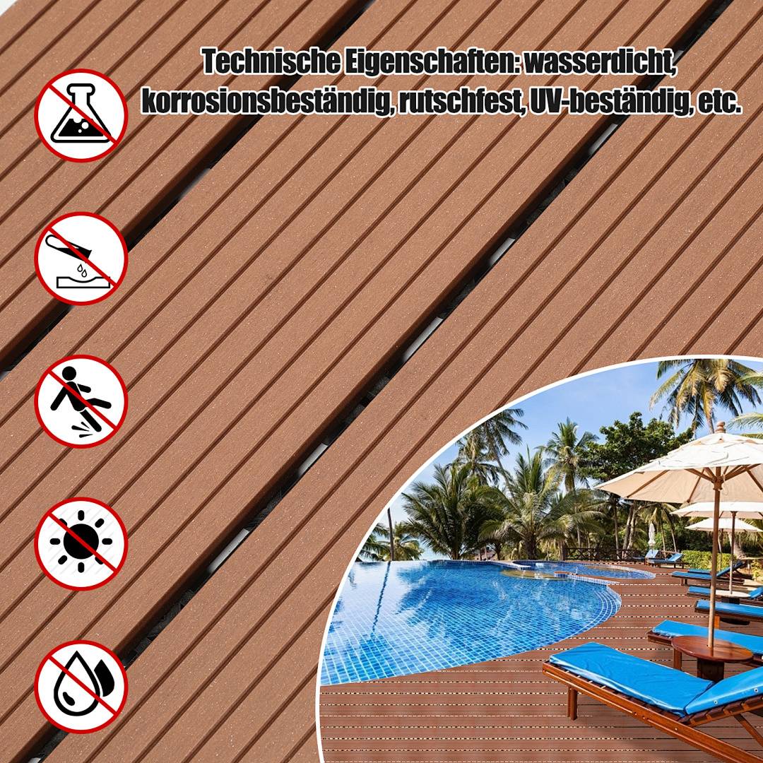 Deckingbild, das wasser- und UV-beständige Eigenschaften zeigt; Nahaufnahme von Decking und Poolszenerie mit Palmen.