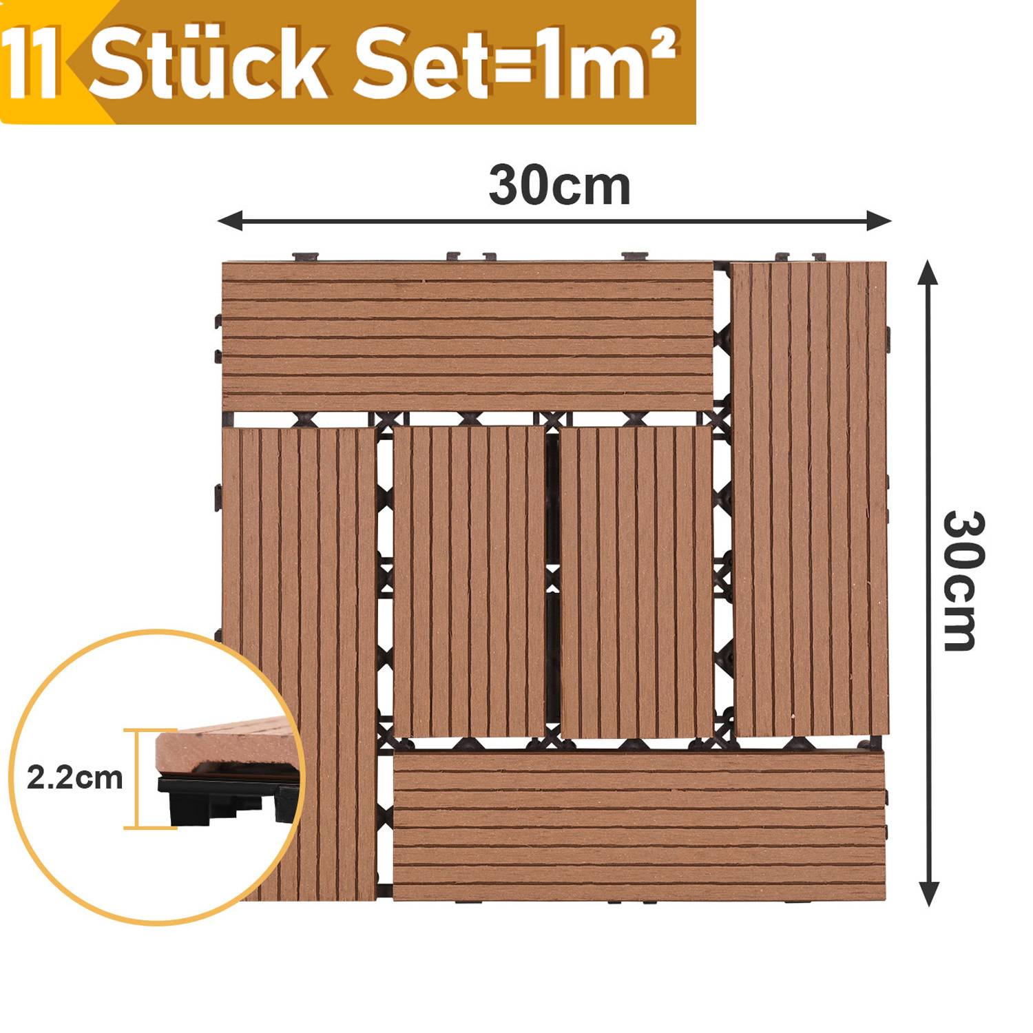 11 Stück Set=1m²': Braune Verschlussfliesen, je 30cm Seitenlänge, mit 2,2cm Höhenakzent, konzipiert für Bodenbelagabdeckung.