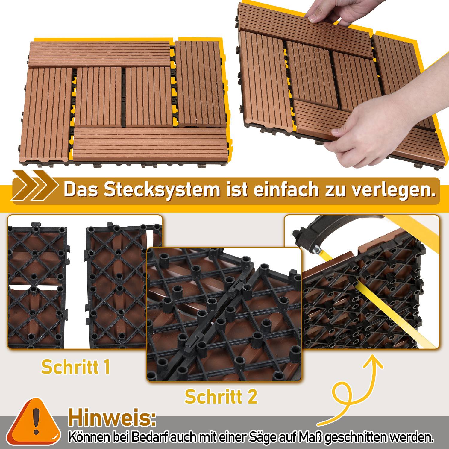 Das Stecksystem ist einfach zu verlegen.' Schrittweise visuelle Anleitung zum Zusammenbau eines Klickfliesensystems.