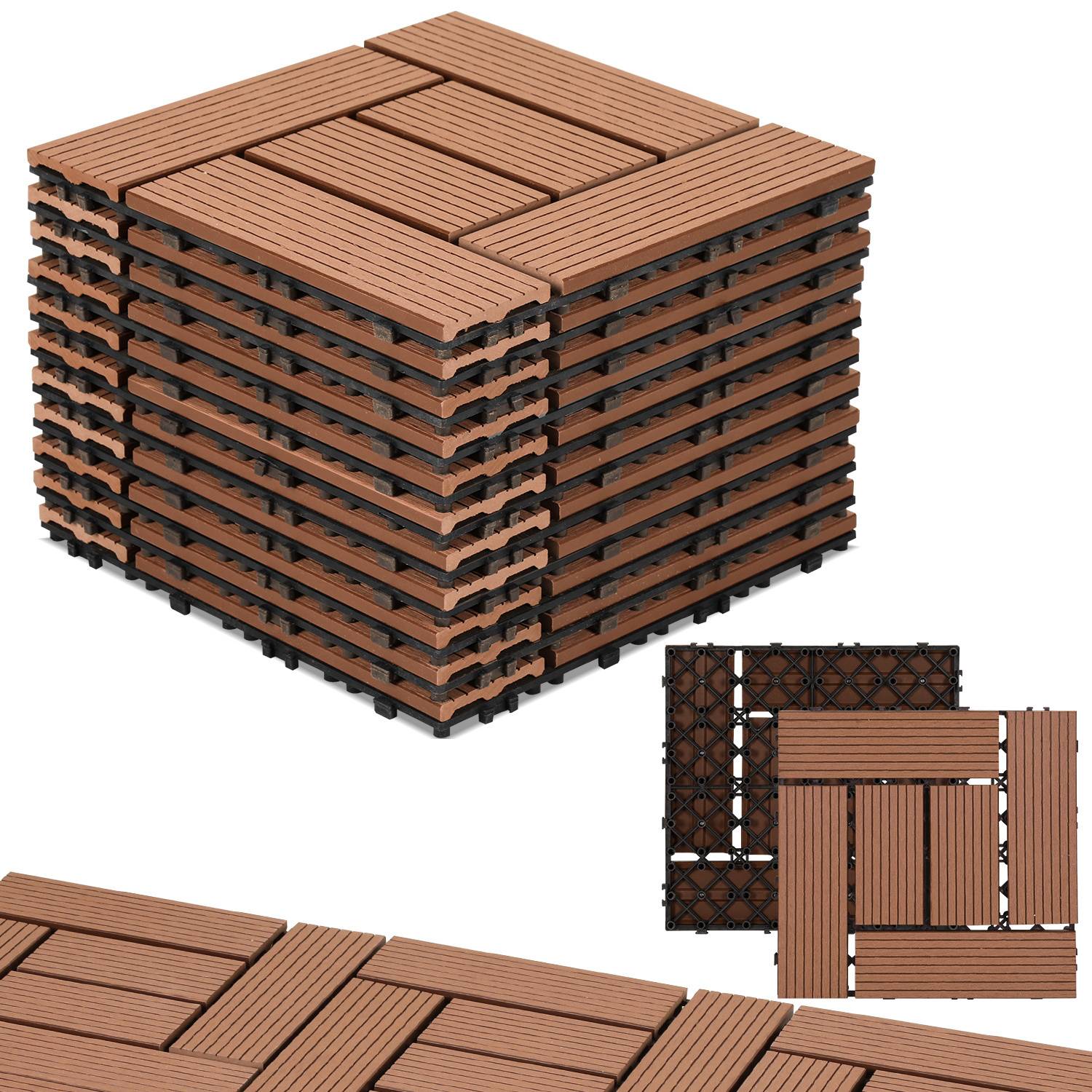 Stapel von ineinandergreifenden Holzdeckfliesen mit Gittermuster, in zwei Farbvariationen angezeigt. Ideal für Bodenbeläge und Außenbereich.