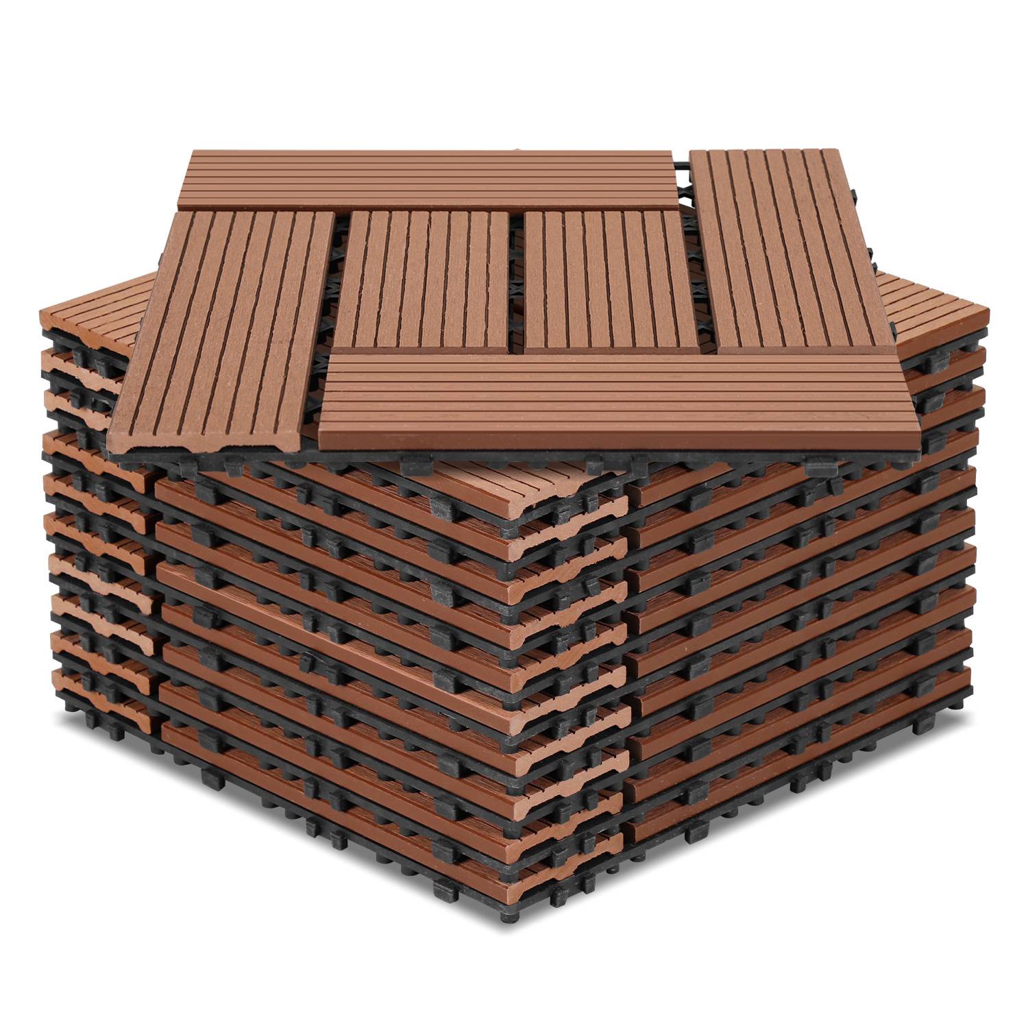 Ein Stapel von ineinandergreifenden Holzterrassen-Fliesen mit Lattendesign in dunkelbrauner Farbe, die für Außenböden verwendet werden.