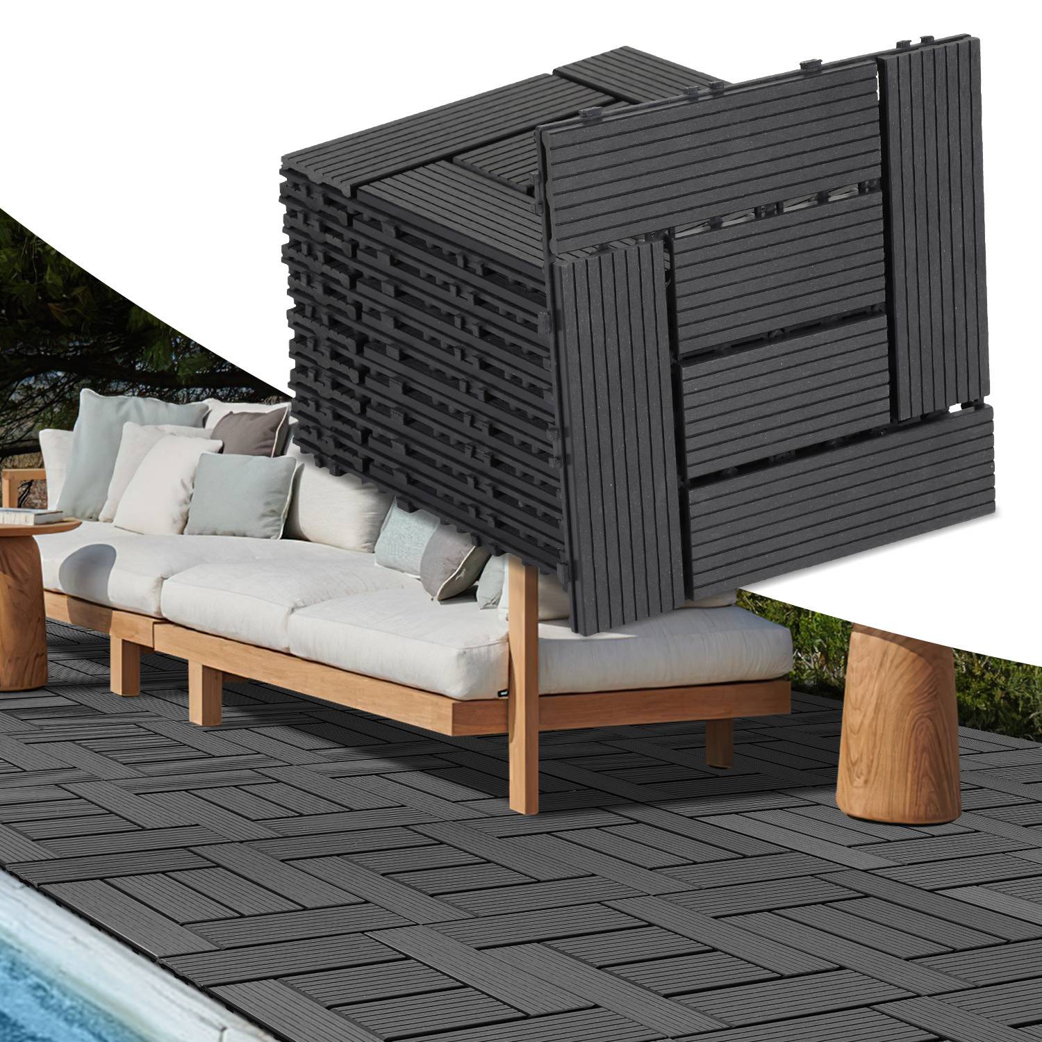 Ein Stapel verschachtelter Außen-Terrassenfliesen wird gezeigt. Darunter befindet sich eine Terrasse mit einem beigen Sofa und einem Holztisch, die einen gemütlichen Außenbereich schaffen.
