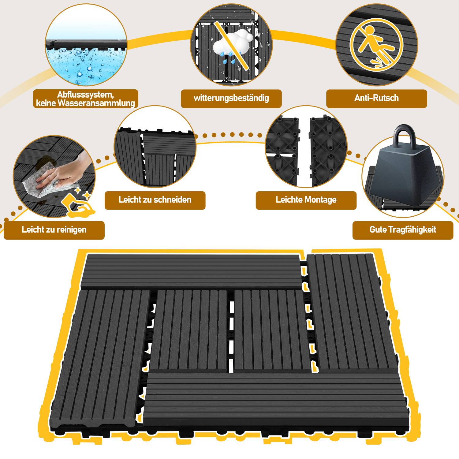 Verschachtelte schwarze Fliesen mit folgenden Eigenschaften: Wasserableitung, Witterungsbeständigkeit, rutschfest, leicht zu reinigen, zuschneidbar, einfach zu verlegen, hohe Tragfähigkeit.