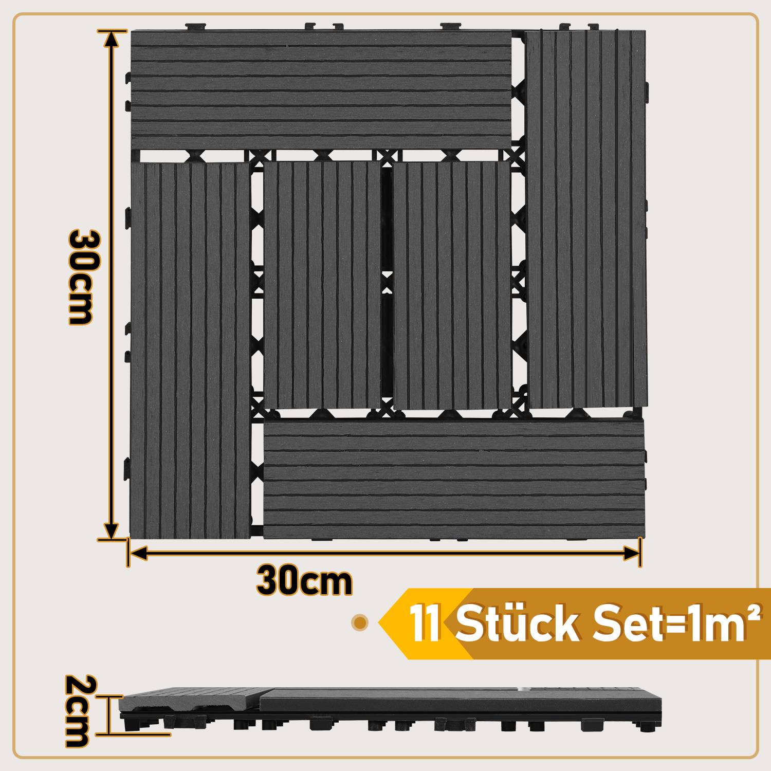 11 Stück Set = 1m²' schwarze Verbunddeckplatten, angeordnet in einem quadratischen Muster. Abmessungen: 30cm x 30cm und 2cm dick.
