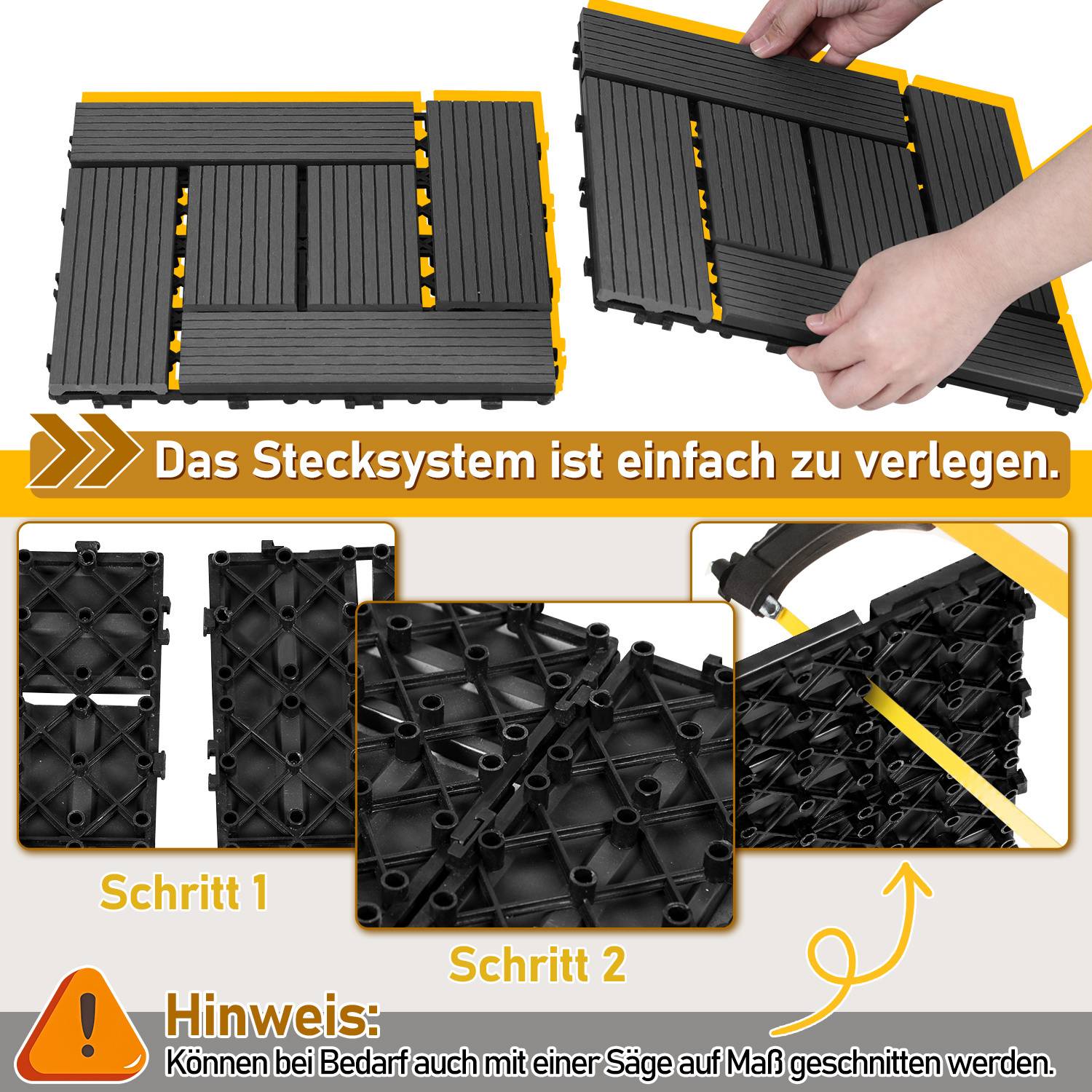 Fliesen werden montiert. Text auf Deutsch: Das Stecksystem ist einfach zu verlegen. Schritt 1, Schritt 2. Hinweis: Können bei Bedarf auch mit einer Säge auf Maß geschnitten werden.