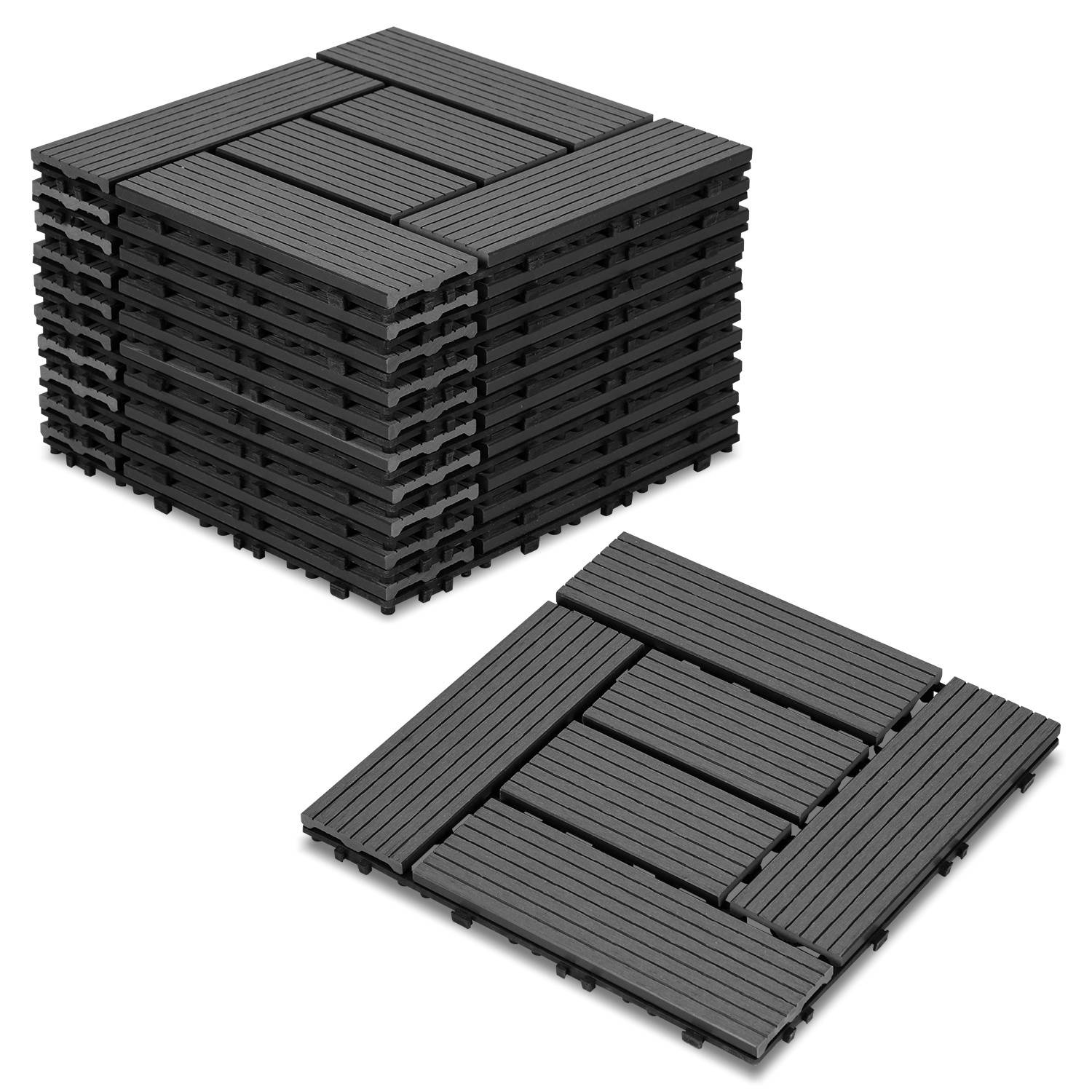 Ein Stapel aus verschachtelten schwarzen Deck-Fliesen und ein zusammengesetztes Fliesensatz, das ein Gittermuster zeigt.