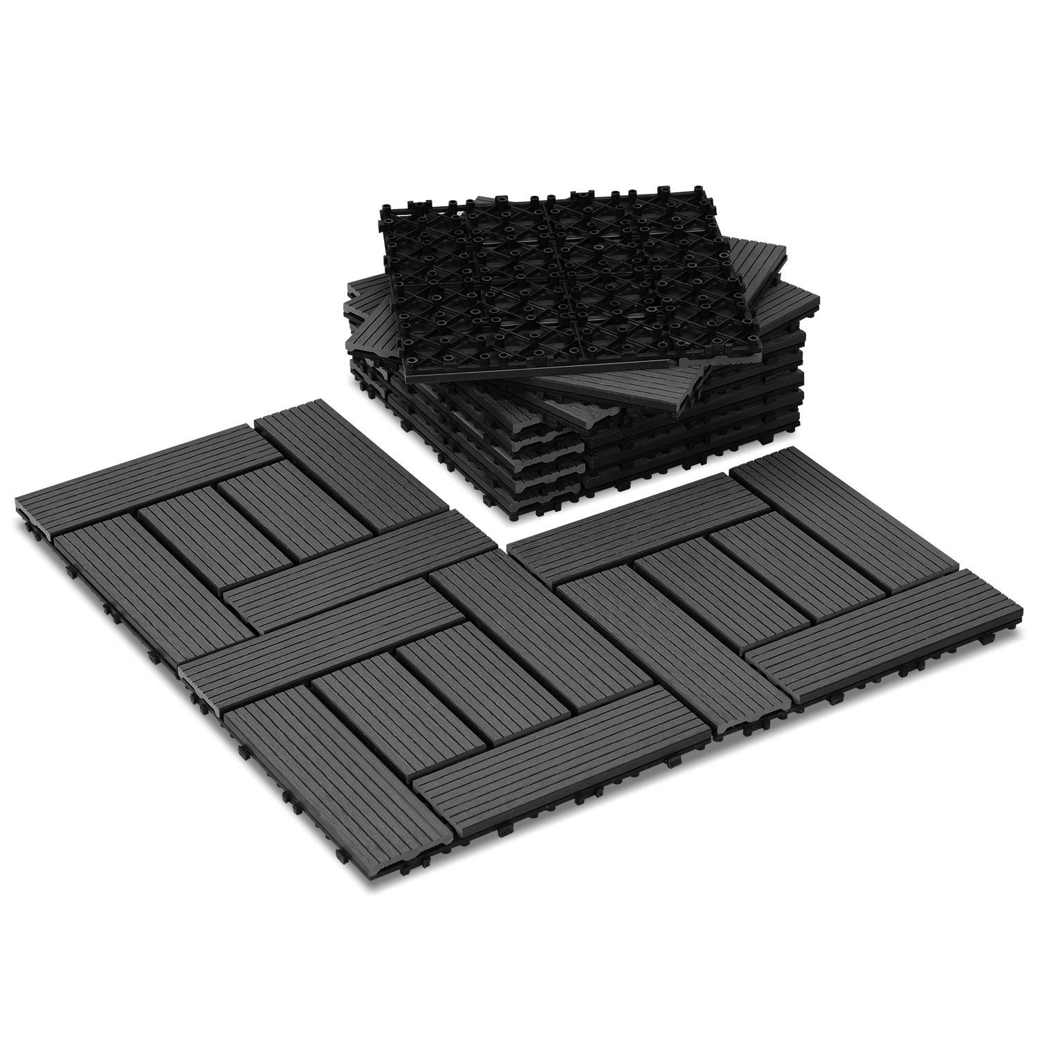 Schwarze Außen-Verbunddeckfliesen gestapelt und ausgestellt; zeigen strukturierte Oberfläche und modulares Design für einfache Montage.