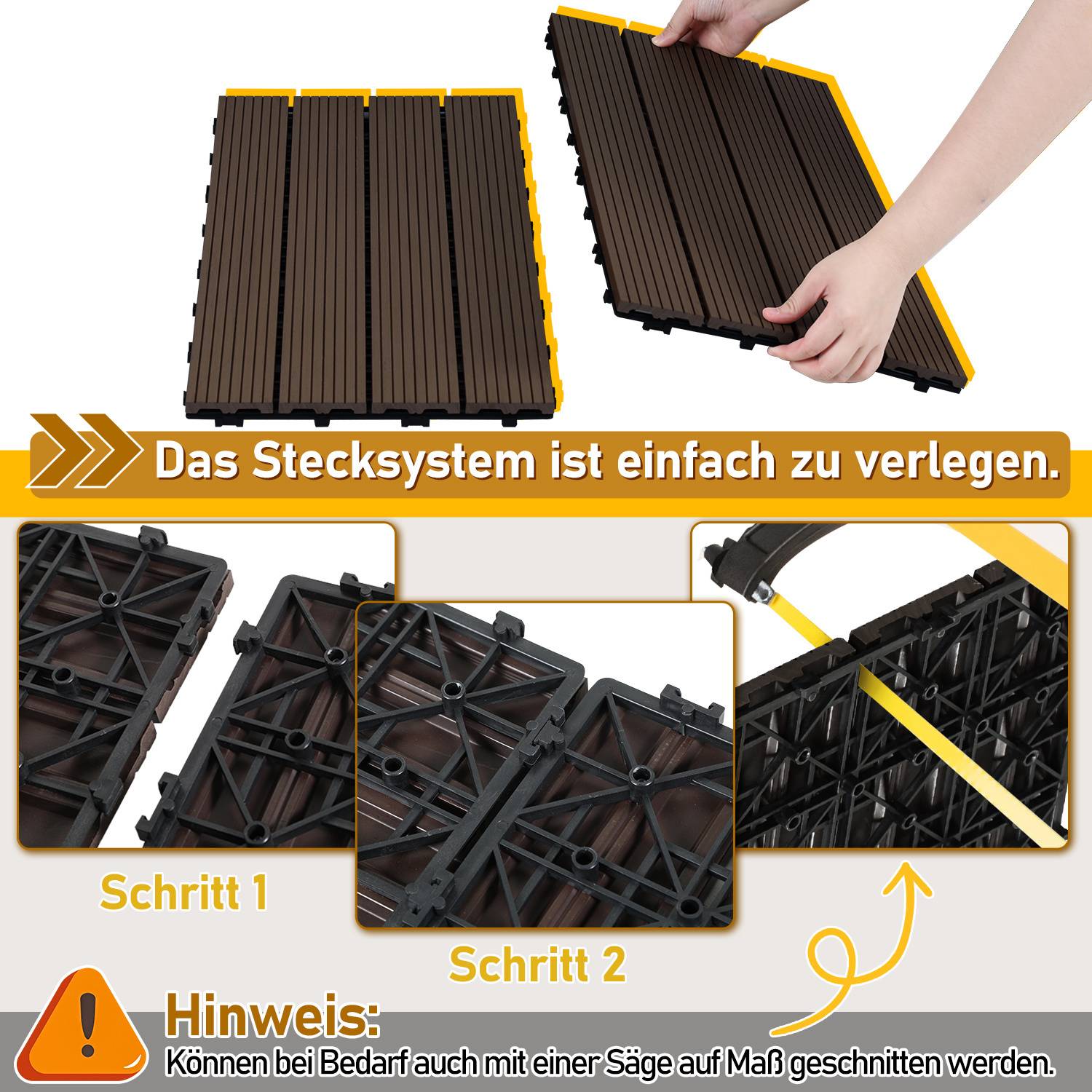 Eine Hand beim Zusammenbau eines modularen Bodenlegesystems, das zwei Schritte der einfachen Installation zeigt. Eine Notiz empfiehlt, bei Bedarf zuzuschneiden.