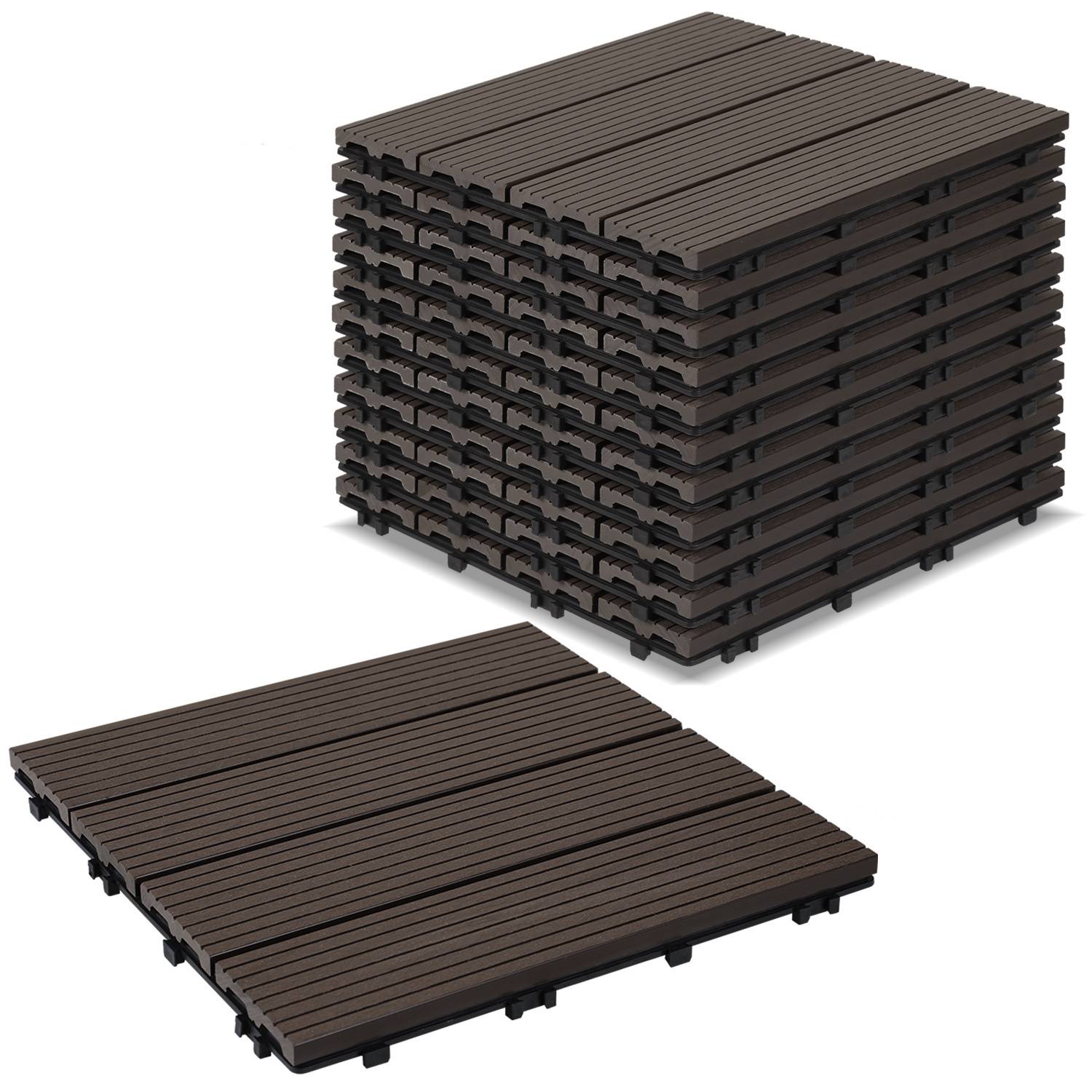 Ein Stapel von ineinandergreifenden dunkelbraunen Außenbodenplatten wird gezeigt, wobei eine Platte separat positioniert ist, um das Verschlussdesign zu zeigen.