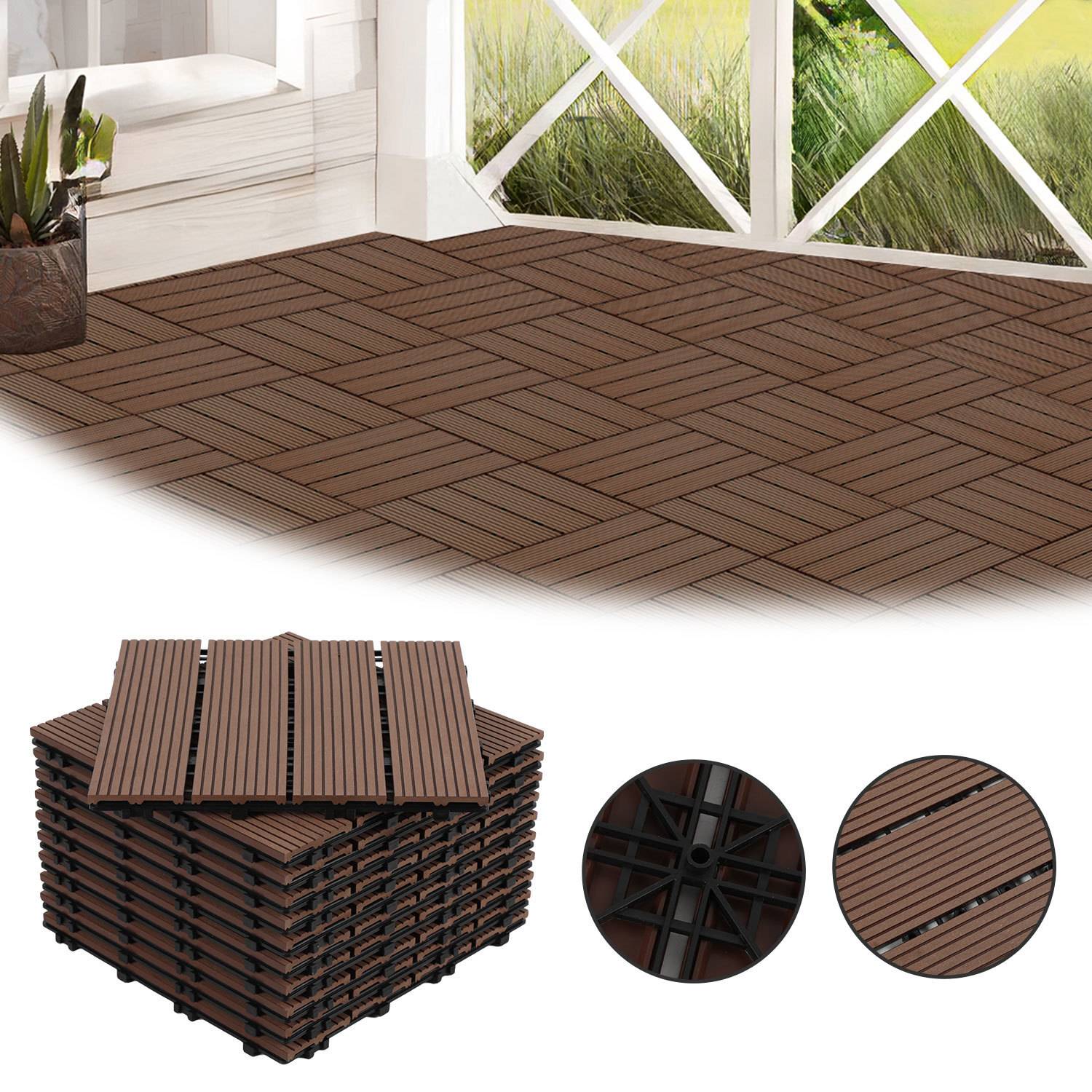 Braune verschachtelte Bodenfliesen in einem Fischgrätmuster in der Nähe eines Fensters. Die Einschachtlung zeigt die Unterseite und einen Stapel von Fliesen.