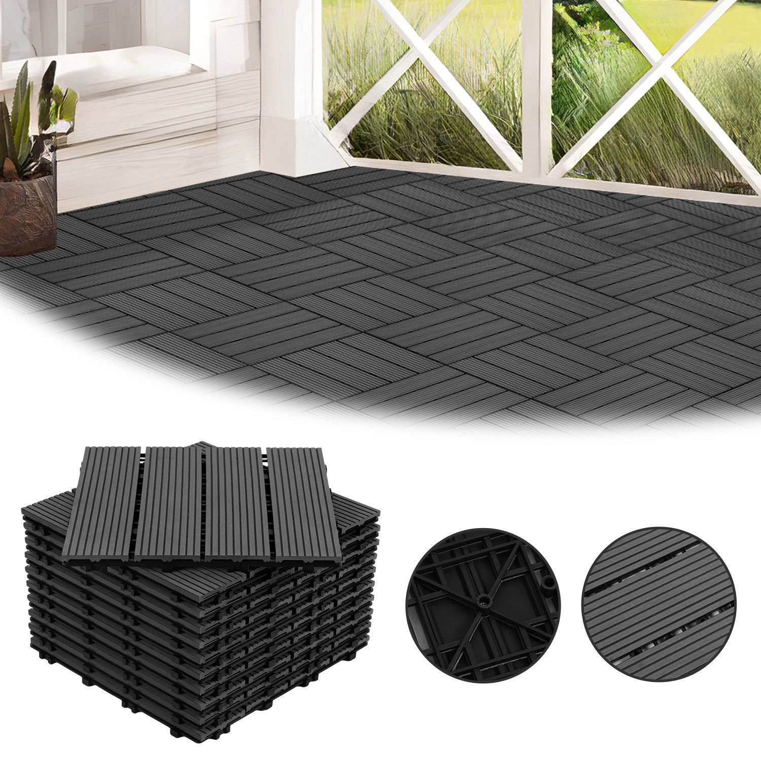 Schwarze verschlungene Bodenfliesen auf einem sonnendurchfluteten Zimmerboden; Stapel von Fliesen auf der Seite. Geeignet für Innen- oder Außenbereich, einfache Montage.