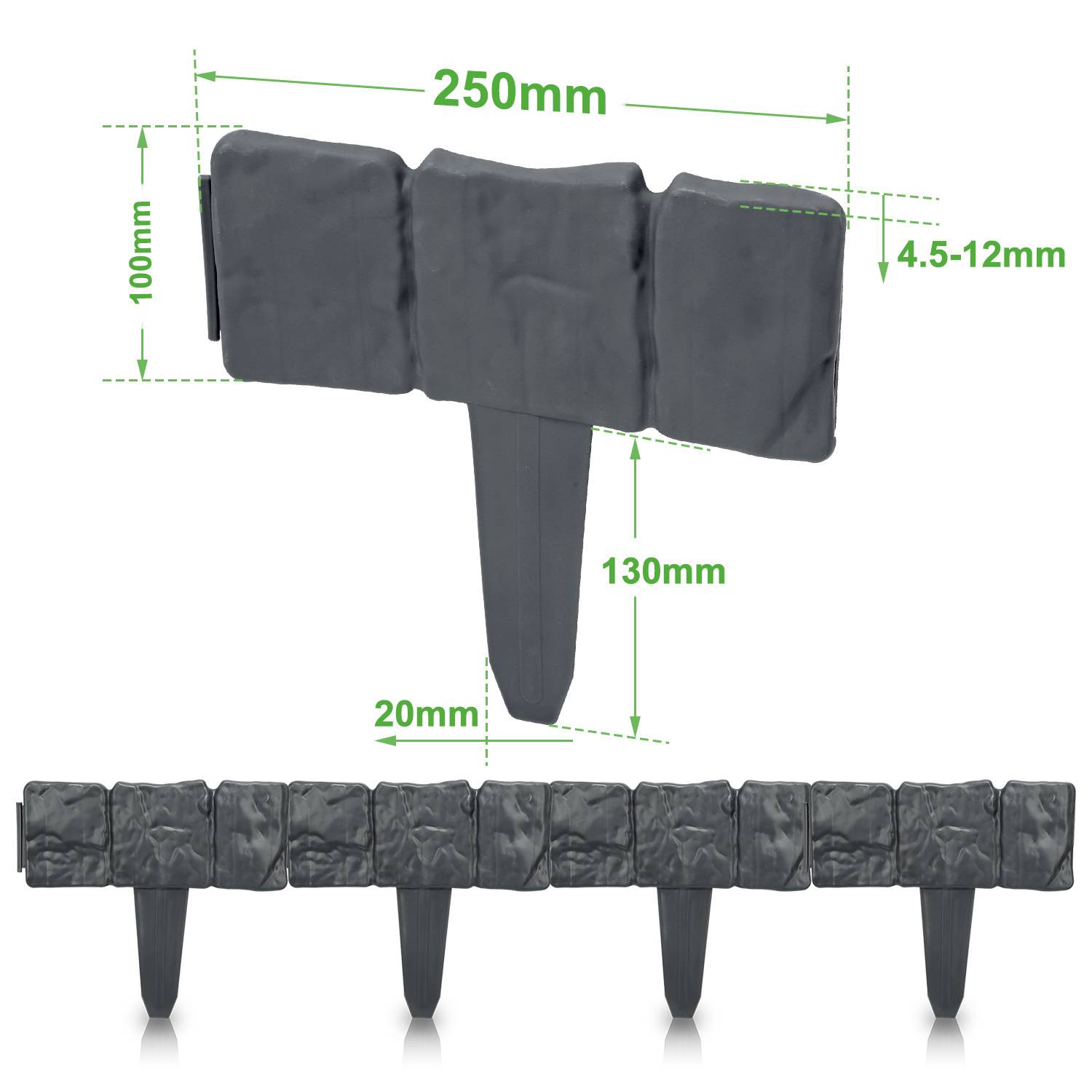 Kunststoff-Garteneinfassung mit Steinoptik, Abmessungen bezeichnet: Höhe 100mm, Tiefe 4,5-12mm, Breite 250mm, Pfahllänge 130mm.
