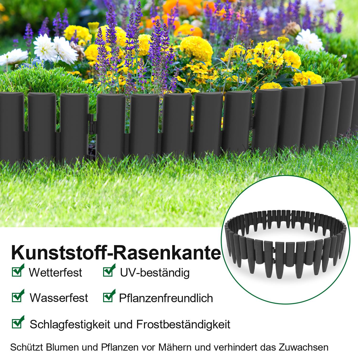 Kunststoffrasenkante in einer Gartenumgebung, mit Text, das Funktionen hervorhebt: „Wetterfest