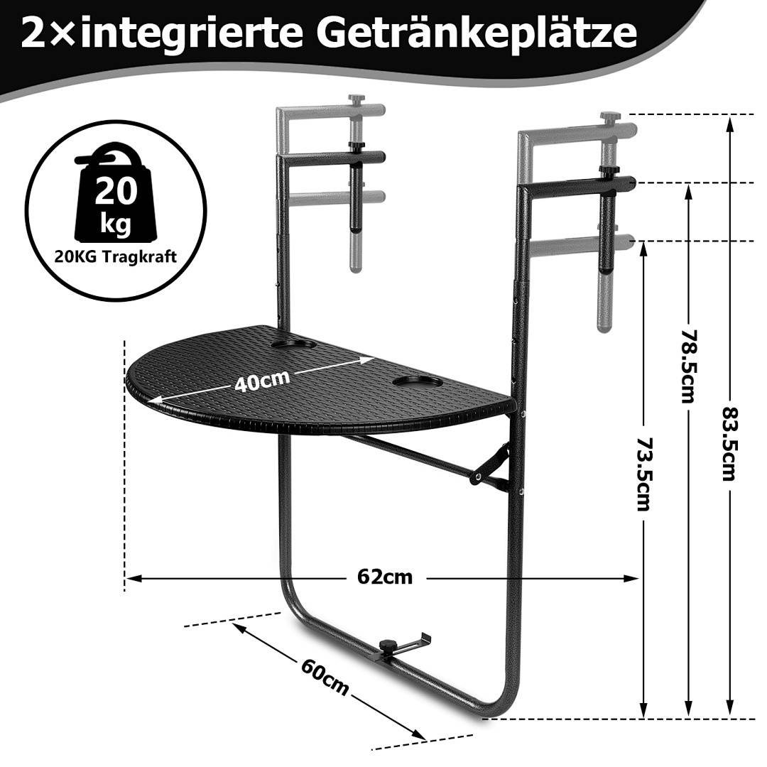 Klappbarer Tisch mit zwei integrierten Getränkehaltern, trägt bis zu 20kg. Abmessungen: 62cm breit, Höhe verstellbar zwischen 73,5-83,5cm.