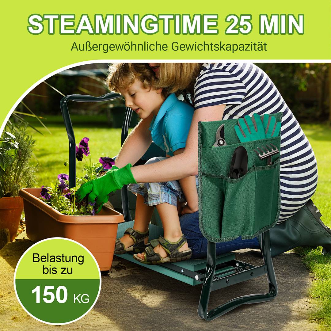 Werbebild eines Kindes und Erwachsenen, die auf einem Klapphocker mit Werkzeugen gärtnern, mit Hervorhebung von „STEAMINGTIME 25 MIN" und einer Tragfähigkeit von bis zu 150 kg.