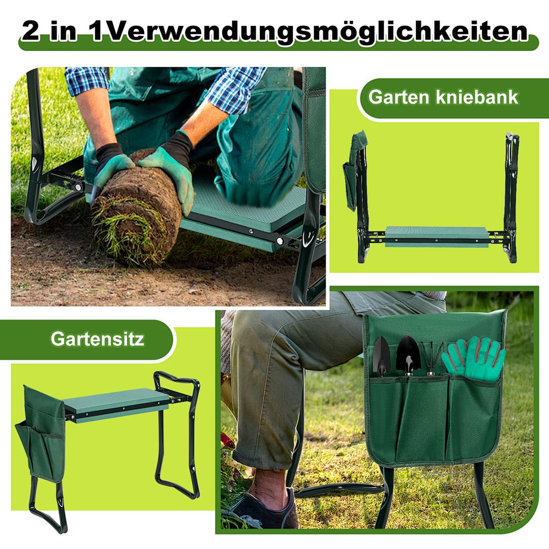 Produktbild, das eine grüne Gartenkniestuhl zeigt, die sich in einen Gartensitz umwandelt, mit Aufbewahrungstaschen und Verwendung in kniender und sitzender Position.