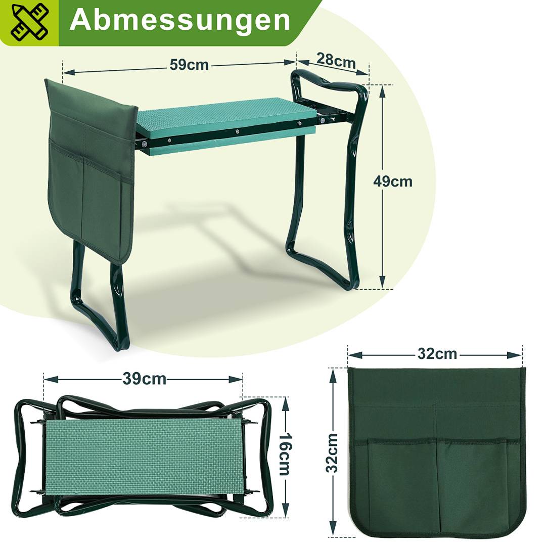 Diagramm eines klappbaren Campingholzes/Sitzes mit Abmessungen: 59 cm lang, 28 cm breit, 49 cm hoch; Faltgröße 32 x 32 cm, Sitzfläche 39 x 16 cm.
