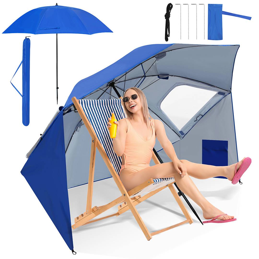 Eine Person entspannt sich auf einem Liegestuhl unter einem blauen Baldachin und hält ein Getränk in der Hand. Strandschirm, Heringe und Tragetasche werden oben angezeigt.