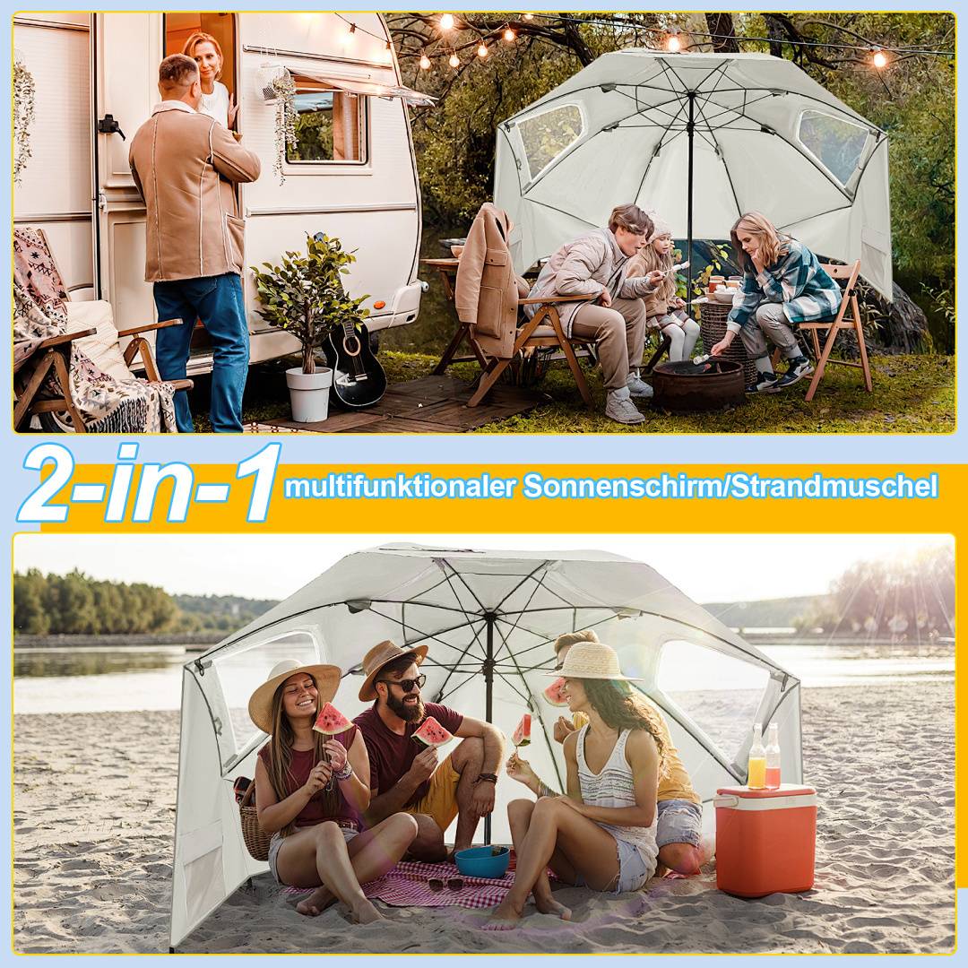 Personen, die unter einem weißen zeltähnlichen Strandschirm neben einem Wohnwagen und in der Nähe eines Strandes sitzen, mit dem Text „2-in-1