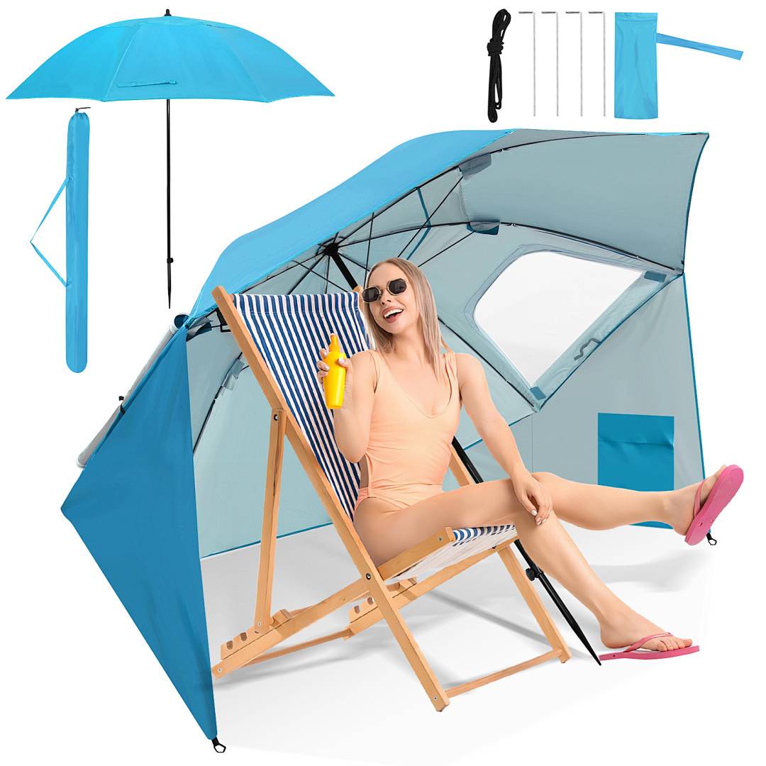 Eine Frau im Badeanzug entspannt sich auf einem gestreiften Strandsessel unter einem blauen Sonnenschirm und hält ein Getränk in der Hand. Einrichtungswerkzeuge werden über ihr angezeigt.