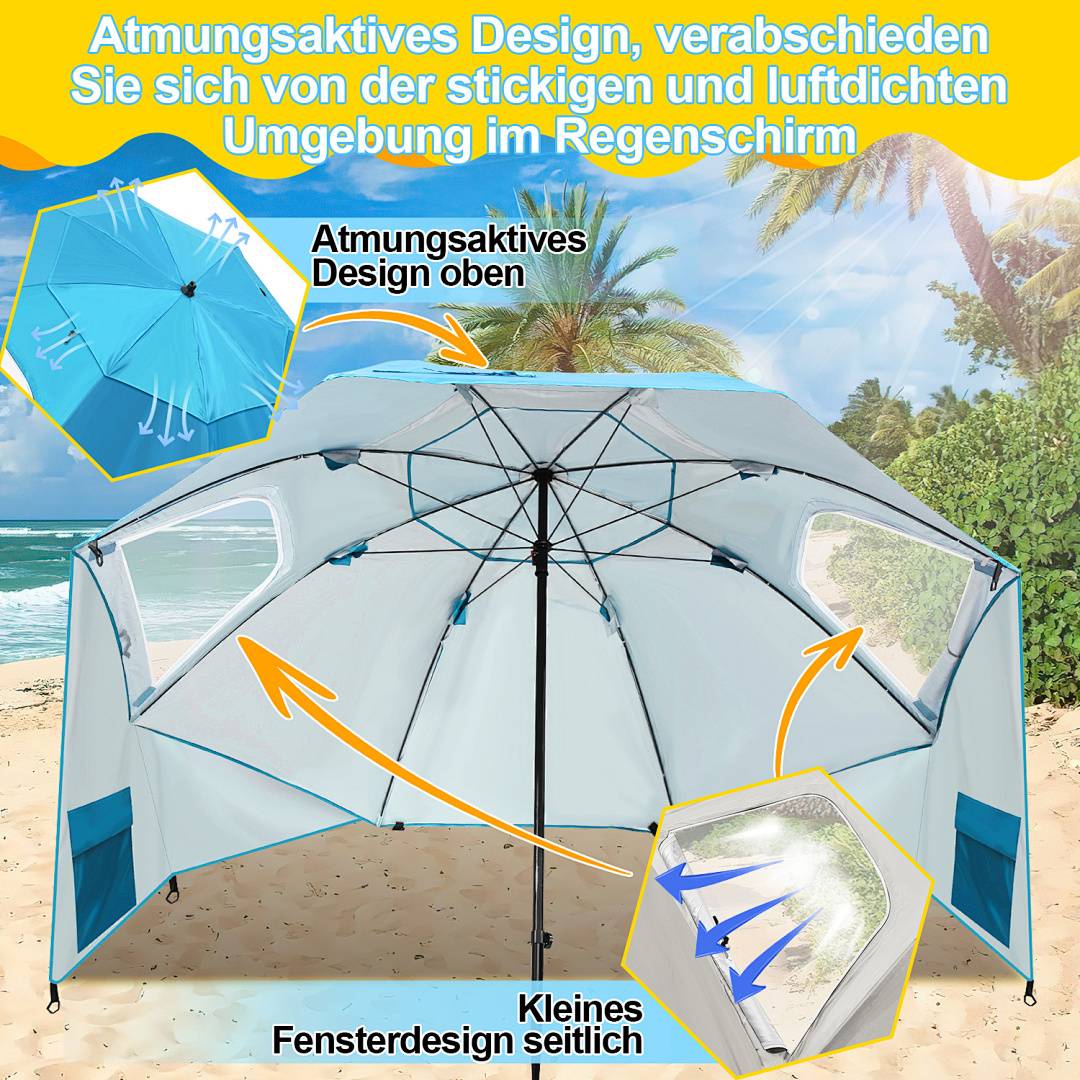 Strandpavillon mit ATMUNGSAKTIVEM Design; Infografik zeigt obere Luftausgänge und kleine Fenster an der Seite in einer Strandumgebung.