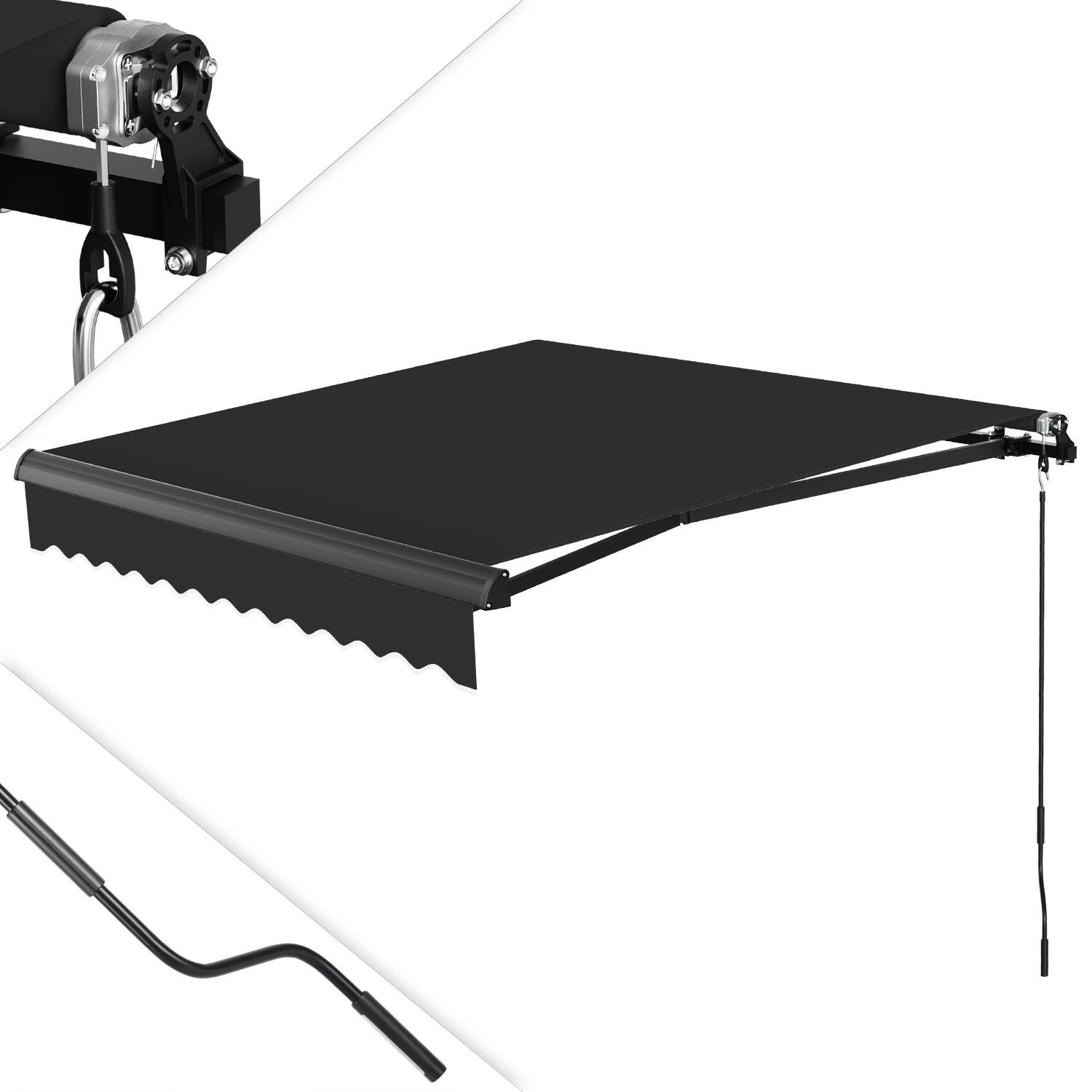 Eine einziehbare schwarze Markise mit manuellem Kurbel-Griff, geeignet als Außensonnenblende.