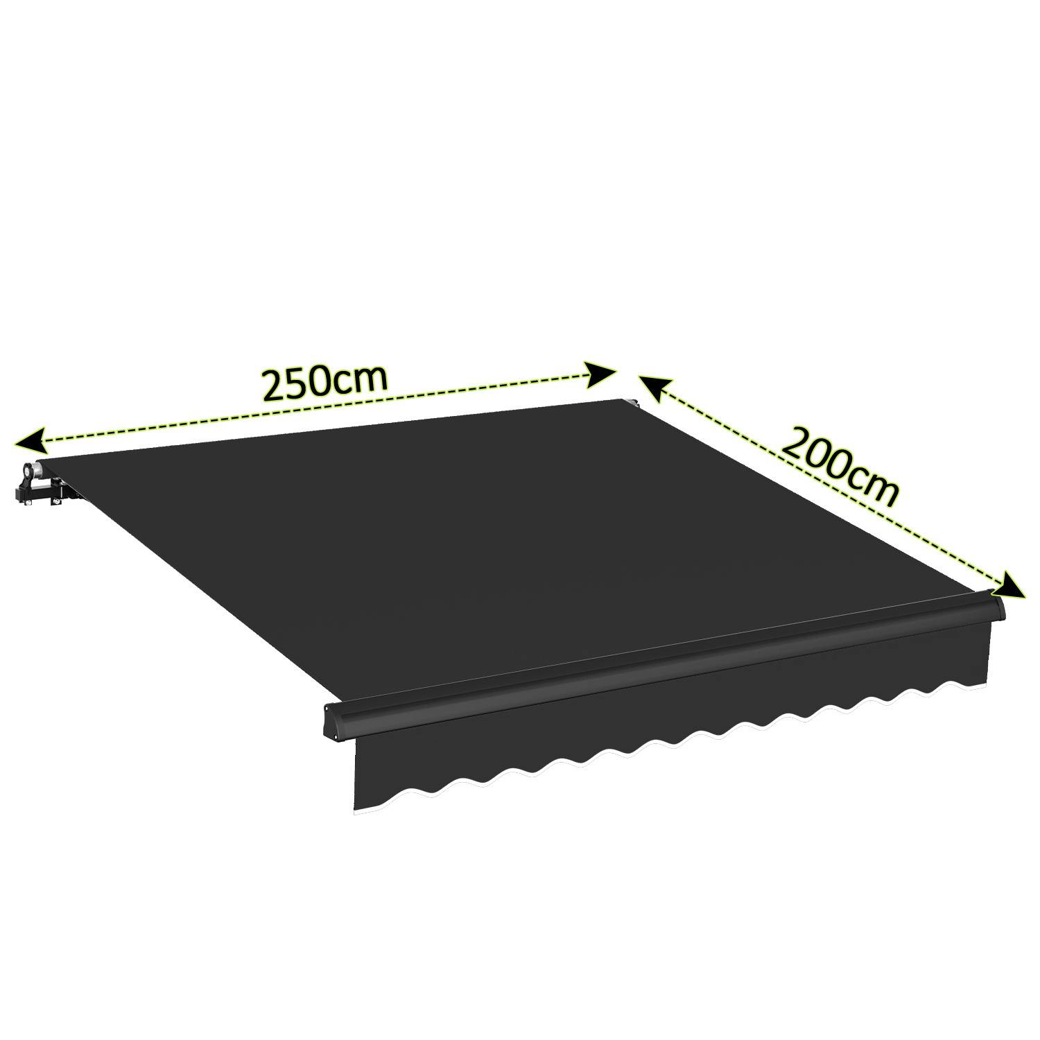 Ausfahrbare Markise mit Abmessungen: 250cm Breite, 200cm Ausfahrlänge. Schwarzer Stoff.