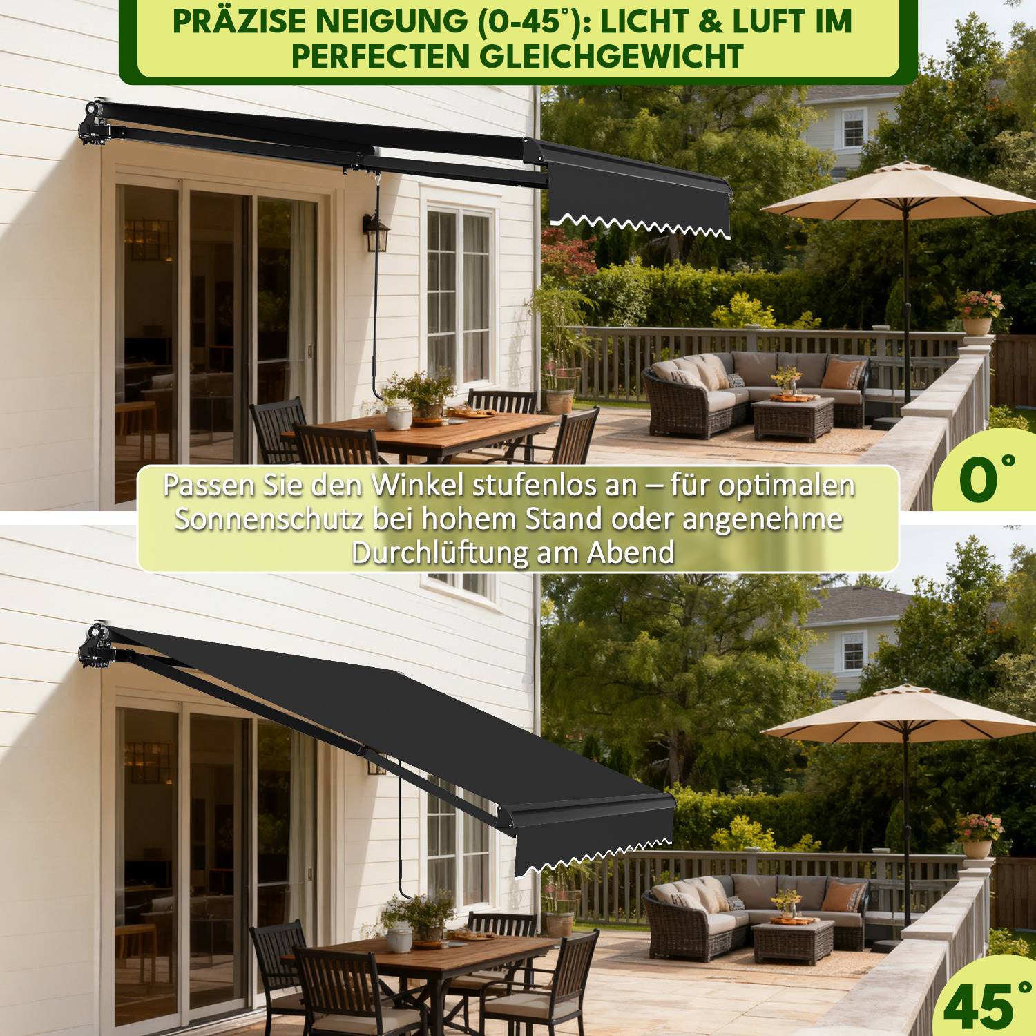 Schwarze verstellbare Markise erstreckt sich über eine Terrasse mit Sitzmöglichkeiten und einem großen Sonnenschirm. Der Text in deutscher Sprache behandelt Winkeleinstellungen für optimalen Sonnenschutz.
