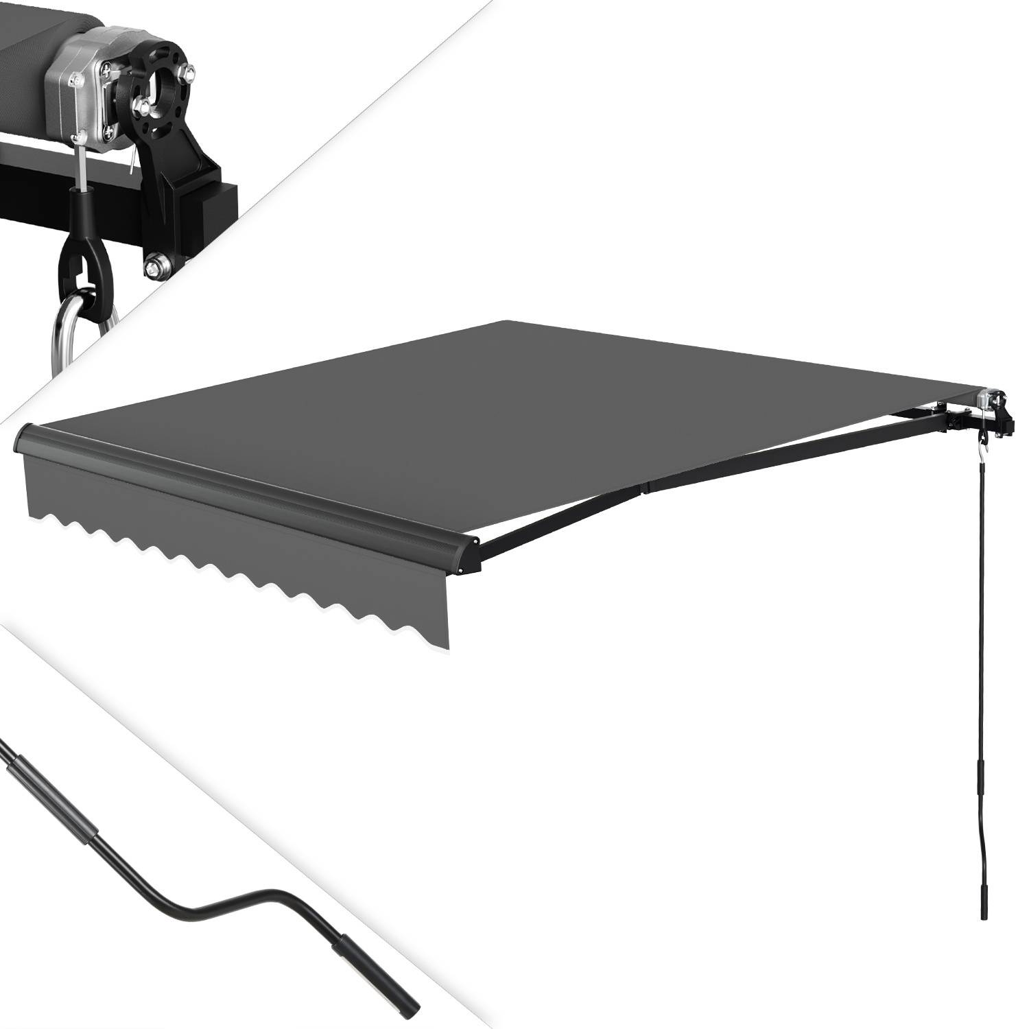 „Einziehbare schwarze Markise mit manuellem Kurbelgriff, von der Seite dargestellt. Nahaufnahme der Befestigungs- und Mechanismusdetails.