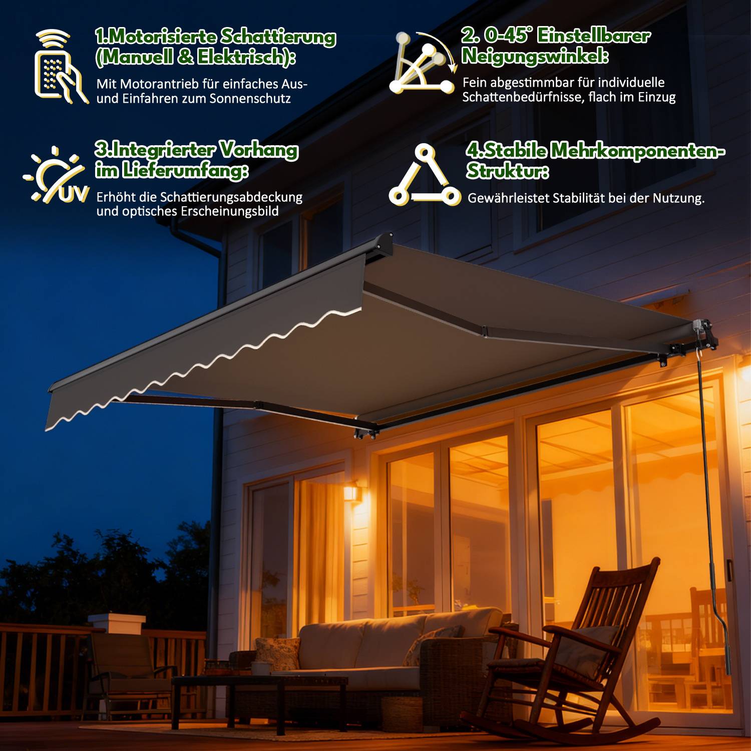 Eine Markise erstreckt sich abends über eine Terrasse. Symbole und Text heben Merkmale hervor: motorisierter Betrieb, Winkelverstellung, UV-Schutz, einfache Installation und Stabilität.