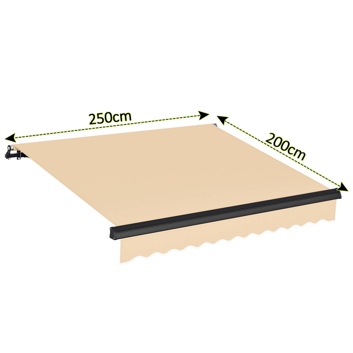 Ausfahrbare beige Markise mit den Maßen 250cm x 200cm, dargestellt in ausgezogenem Zustand mit beschrifteten Abmessungen.