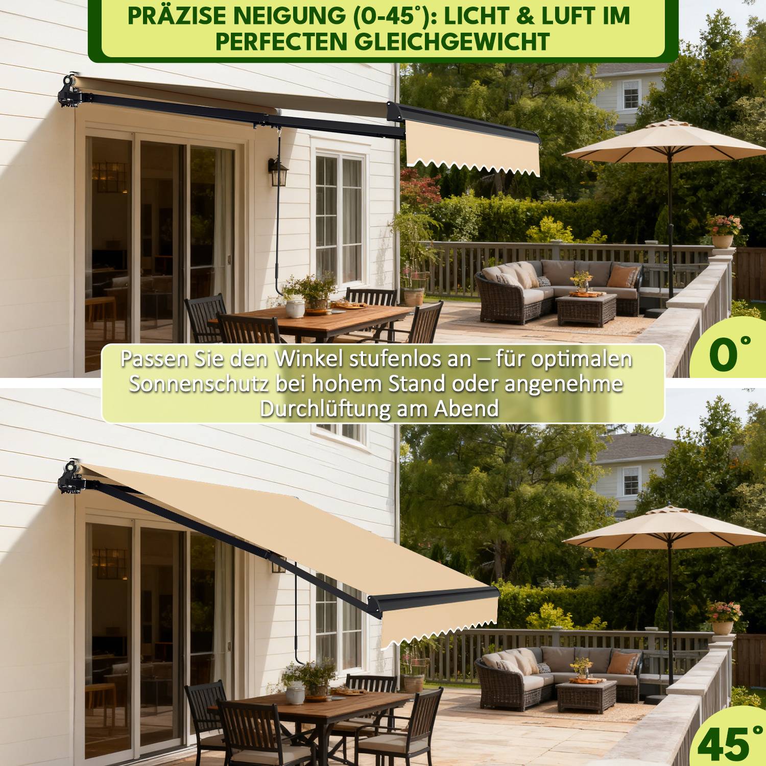 Einziehbare Markise auf einer Terrasse, die in verschiedenen Winkeln gezeigt wird und ihre Reichweite von 0 bis 45 Grad für Schatten und Belüftung veranschaulicht.
