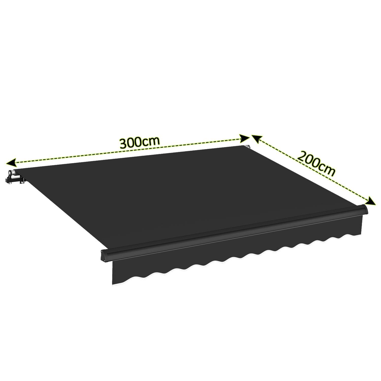 Eine Markise mit erweiterten Abmessungen, die gekennzeichnet sind: Breite 300 cm, Tiefe 200 cm. Die Markise ist schwarz mit sichtbarer Strukturunterstützung.