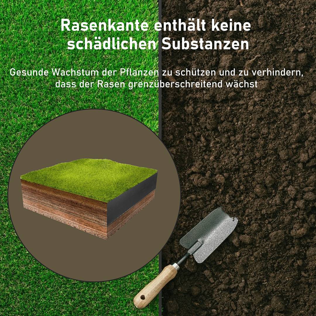 Rasenkante enthält keine schädlichen Substanzen.' Illustration einer Rasenschicht mit einem Spaten, die sichere Raseneinfassung und gesundes Pflanzenwachstum hervorhebt.