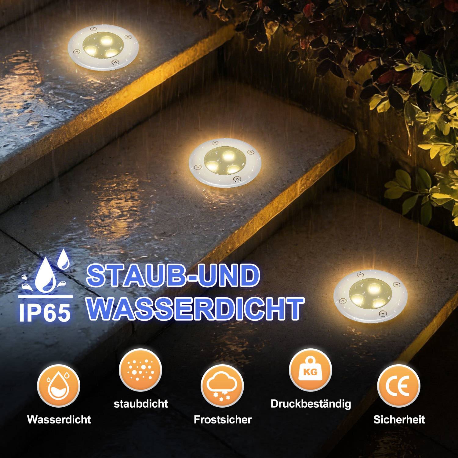 Außentreppen, die nachts durch runde LED-Leuchten beleuchtet werden, mit Symbolen für wasserdicht, staubdicht, frostbeständig, druckbeständig und Sicherheit.