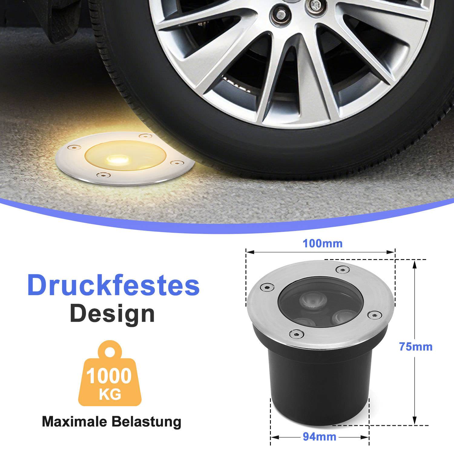 Silber-LED-Bodenlicht mit Text „Druckfestes Design