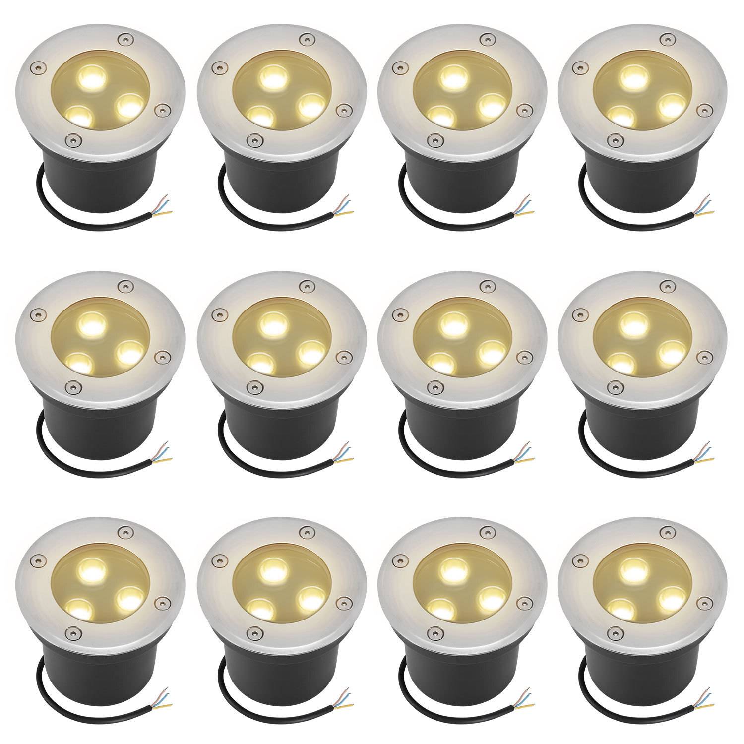 Zwölf runde LED-Einbauleuchten mit Edelstahlblende und jeweils drei leuchtenden Glühbirnen, angeordnet in einem 3x4-Raster.