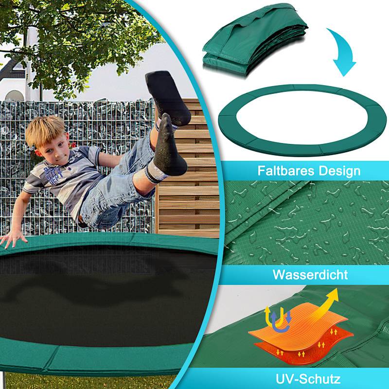 Ein Junge springt auf einem Trampolin mit Bäumen im Hintergrund. Das Bild hebt Merkmale wie „Faltbares Design