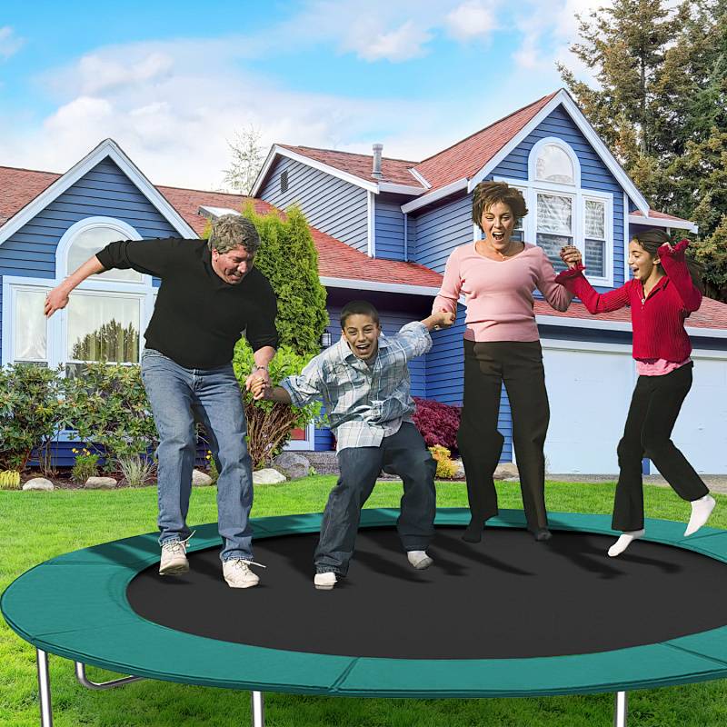 Eine vierköpfige Familie springt freudig auf einem Trampolin vor einem Einfamilienhaus mit roter Fassade und einem gepflegten Rasen.