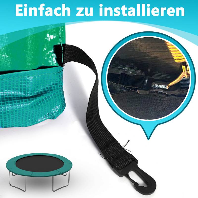 Ein Trampolin mit Sicherheitsnetz, dargestellt als leicht zu installieren, mit einer vergrößerten Ansicht des Befestigungsgurts und des Metallhakenmechanismus.