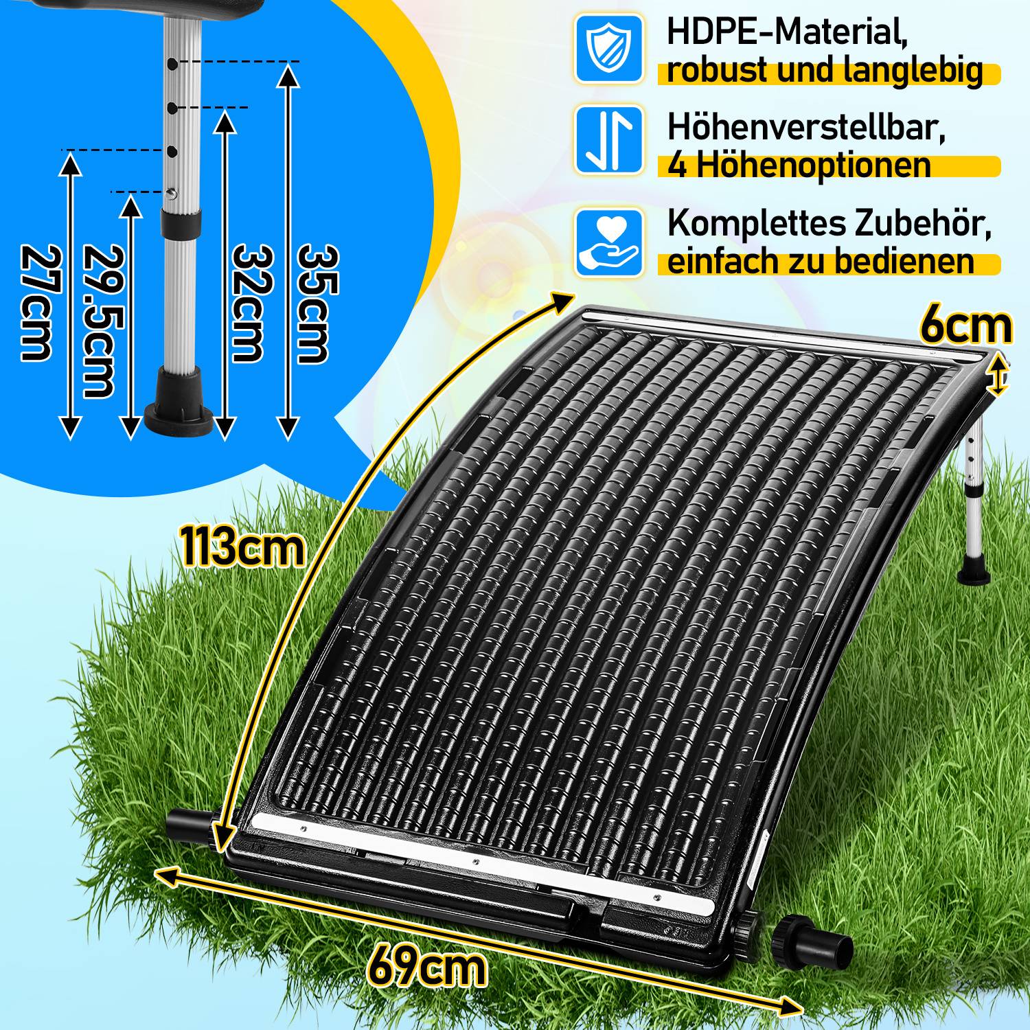 Solarpool-Heizer auf Gras; Abmessungen: 113 cm x 69 cm x 6 cm. Verstellbare Neigungsbeine. Merkmale: HDPE-Material, robust und langlebig.