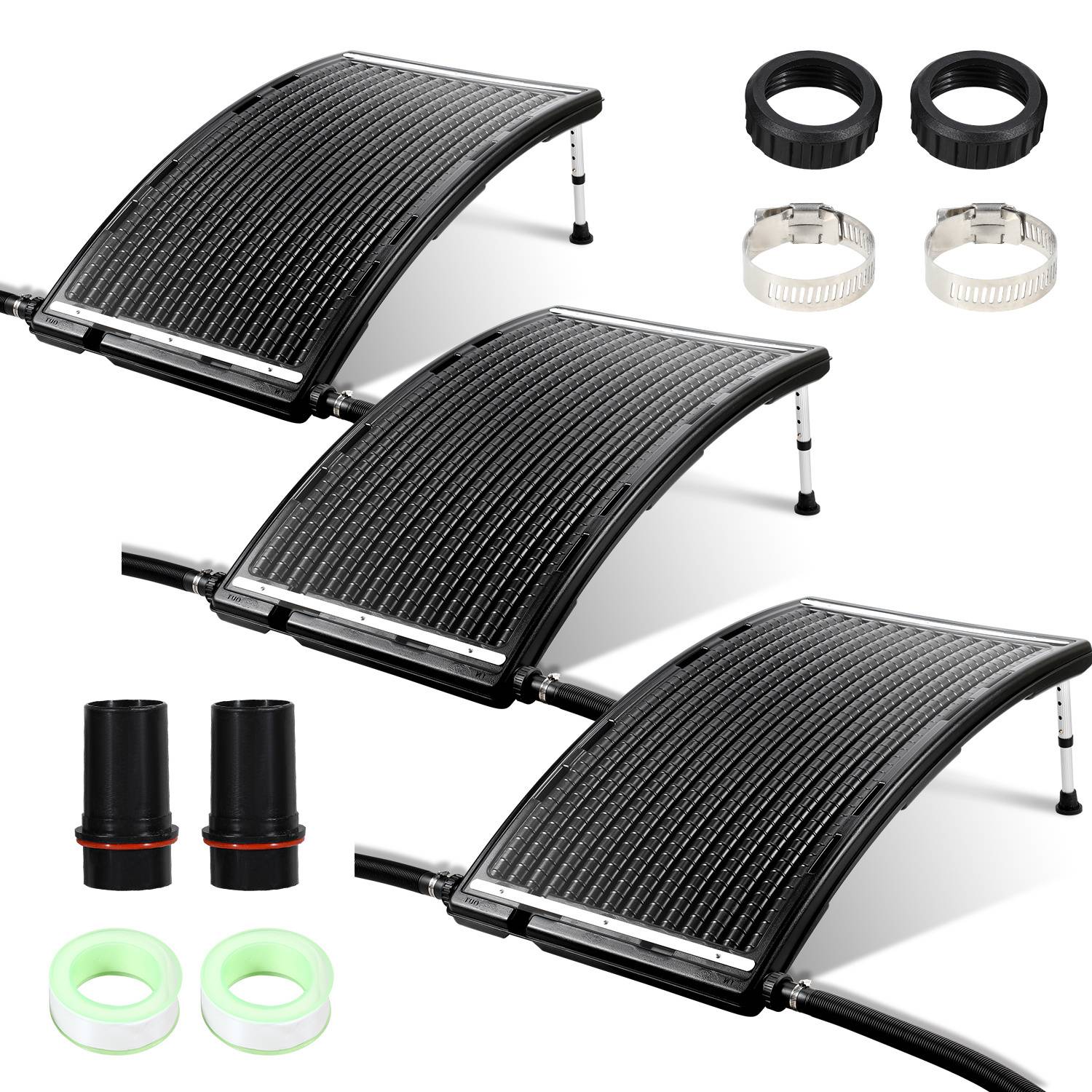 Drei Solarpool-Heizgeräte mit Installationszubehör, einschließlich Schellen und Dichtungsband, vor weißem Hintergrund angeordnet.