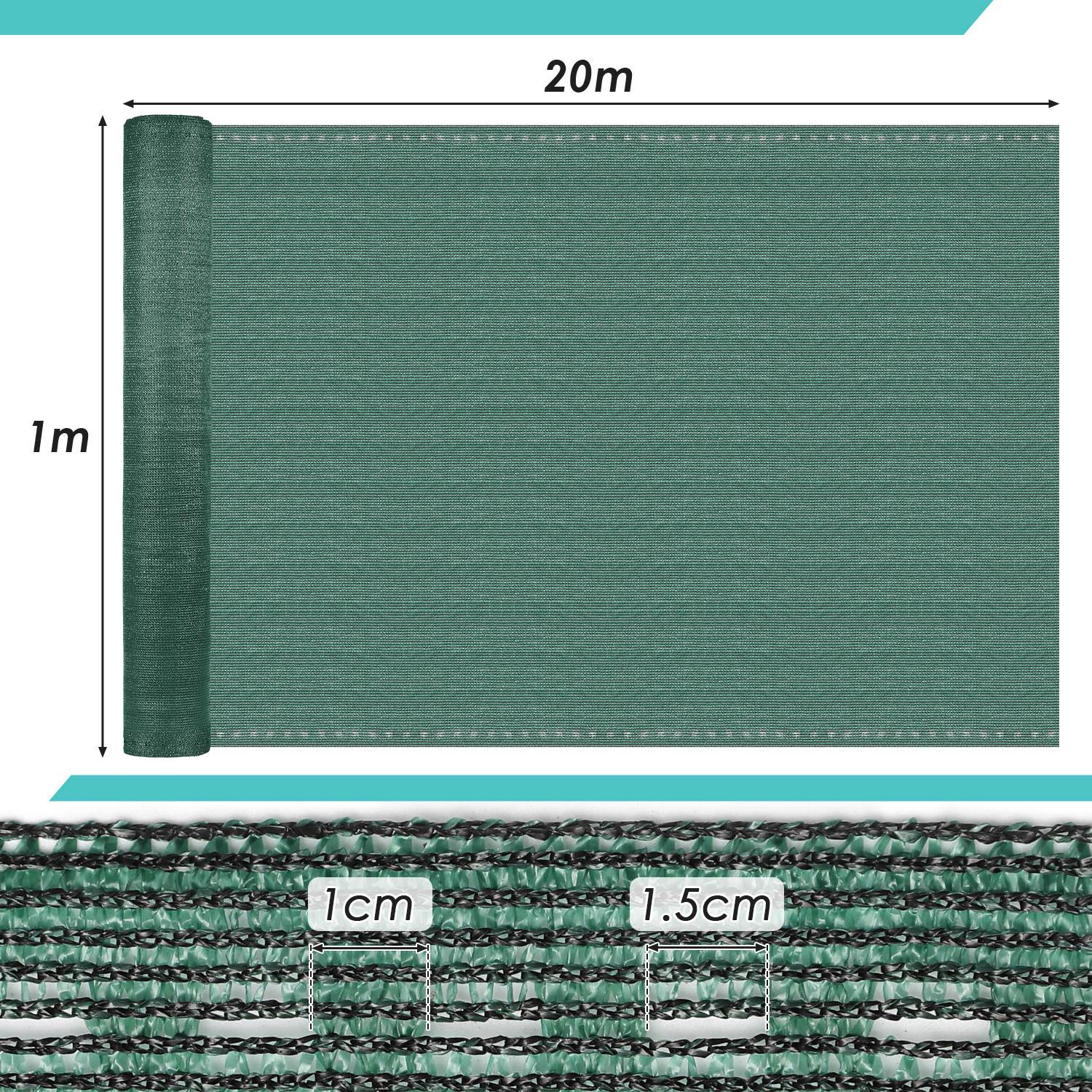 Grüne Maschengewebe-Rolle, 1 Meter breit und 20 Meter lang, zeigt Nahaufnahme des Webmusters mit 1,5 cm Lücken zwischen den Fasern.