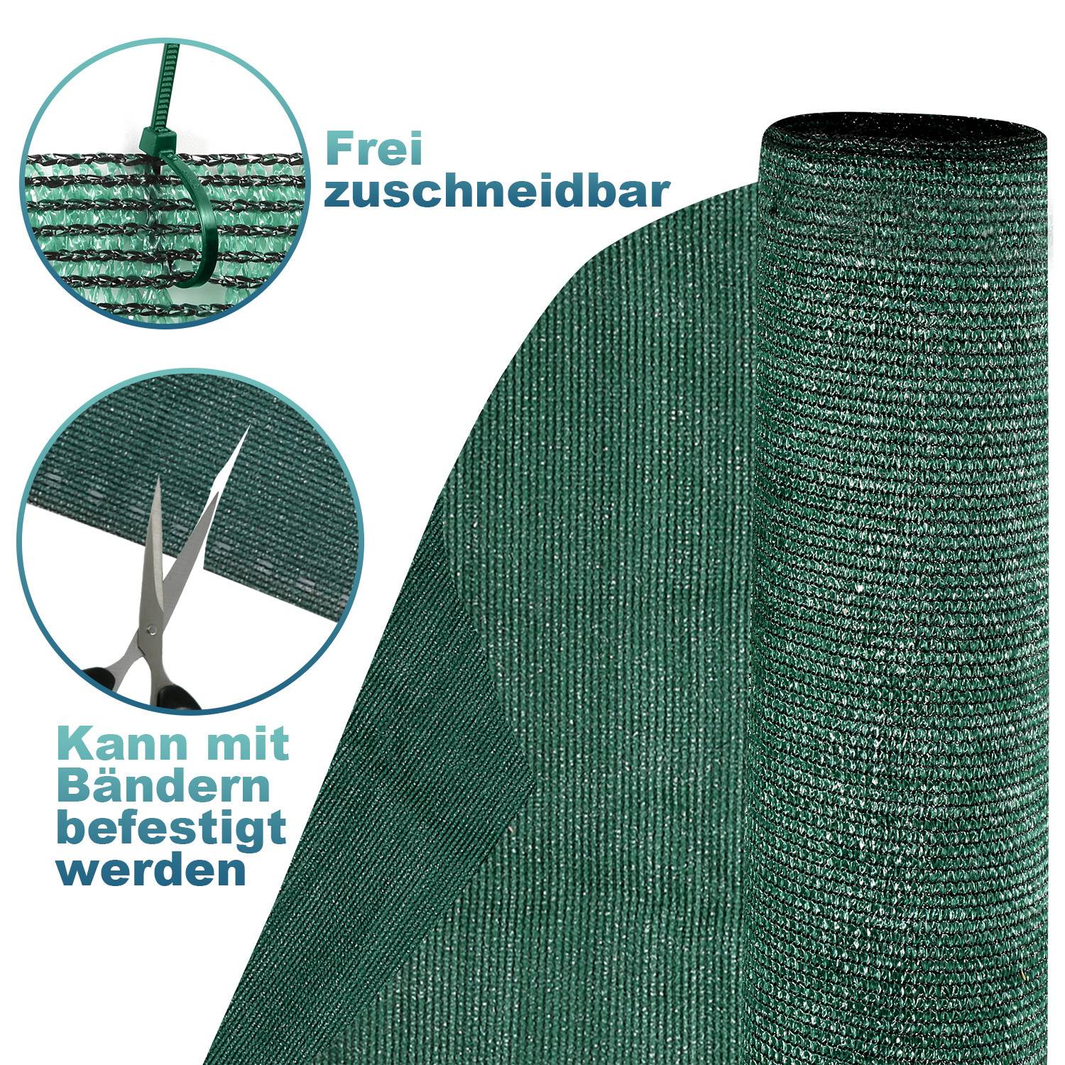 Nahaufnahme einer grünen Netzrolle und einer Schere, die sie durchschneidet. Der deutsche Text lautet „Frei zuschneidbar