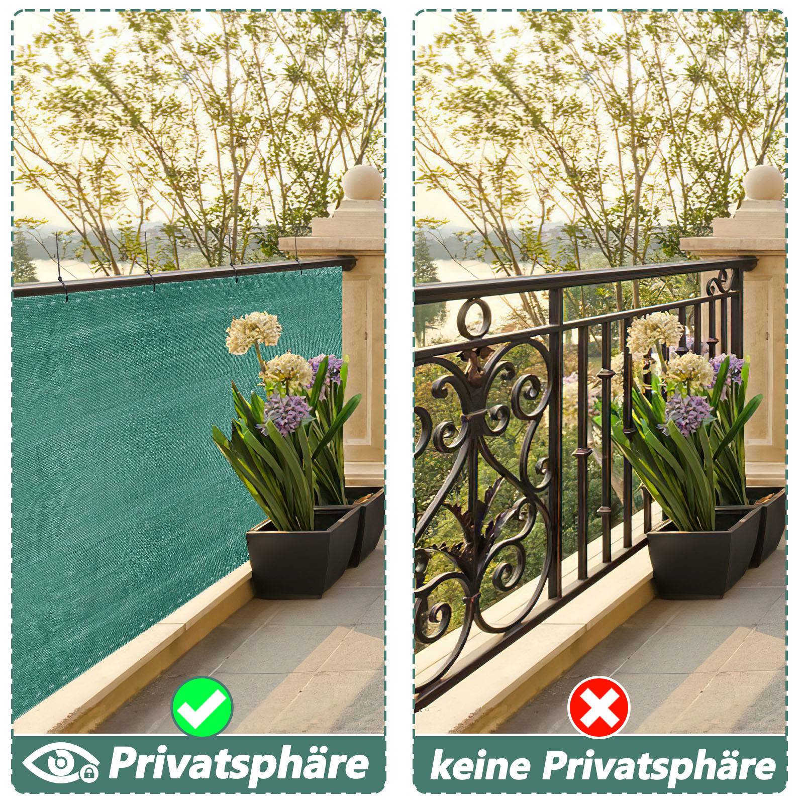 Vergleich zweier Balkone: Links wird eine Sichtschutzwand mit einem Häkchen mit der Bezeichnung „Privatsphäre
