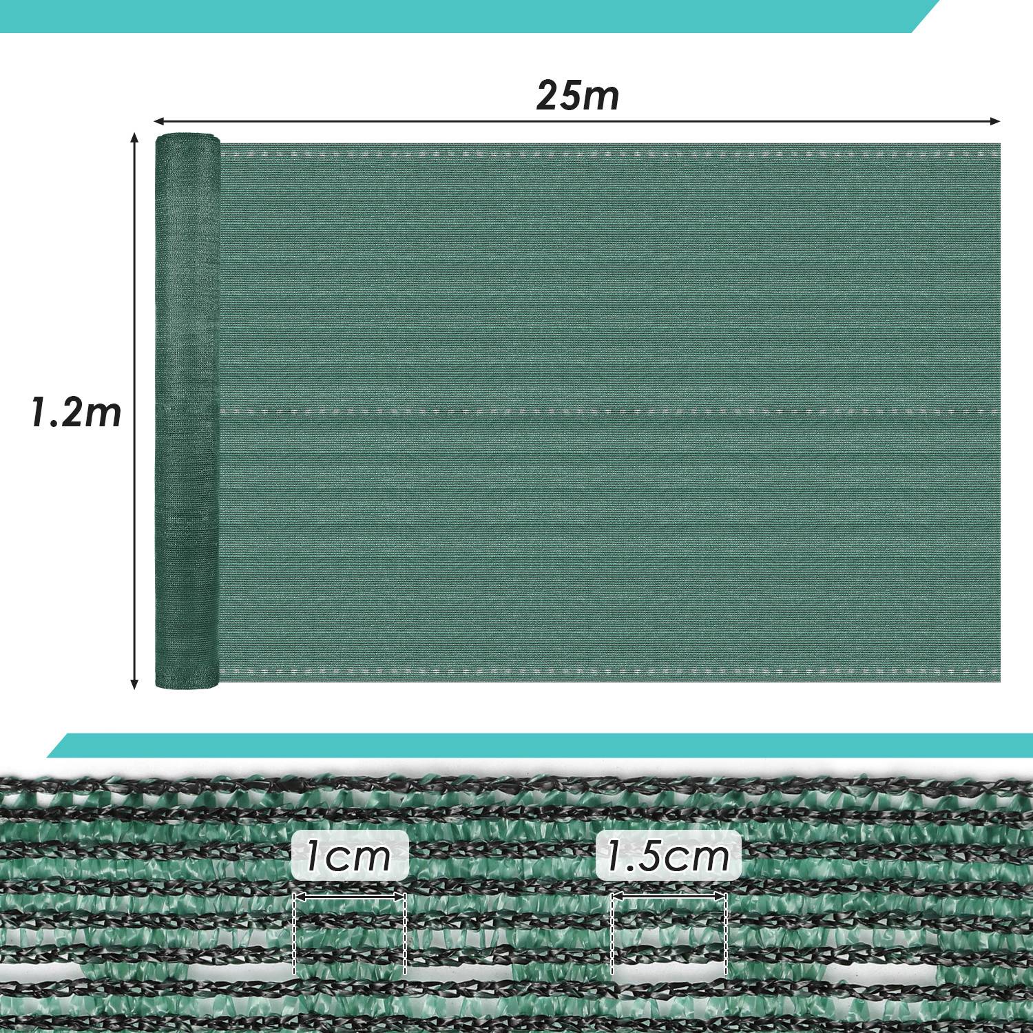 Eine Rolle grünes Gittergewebe mit einer Länge von 25m und einer Breite von 1,2m. Die Nahaufnahme zeigt die Gittergröße des Netzes mit Abmessungen von 1cm x 1,5cm.