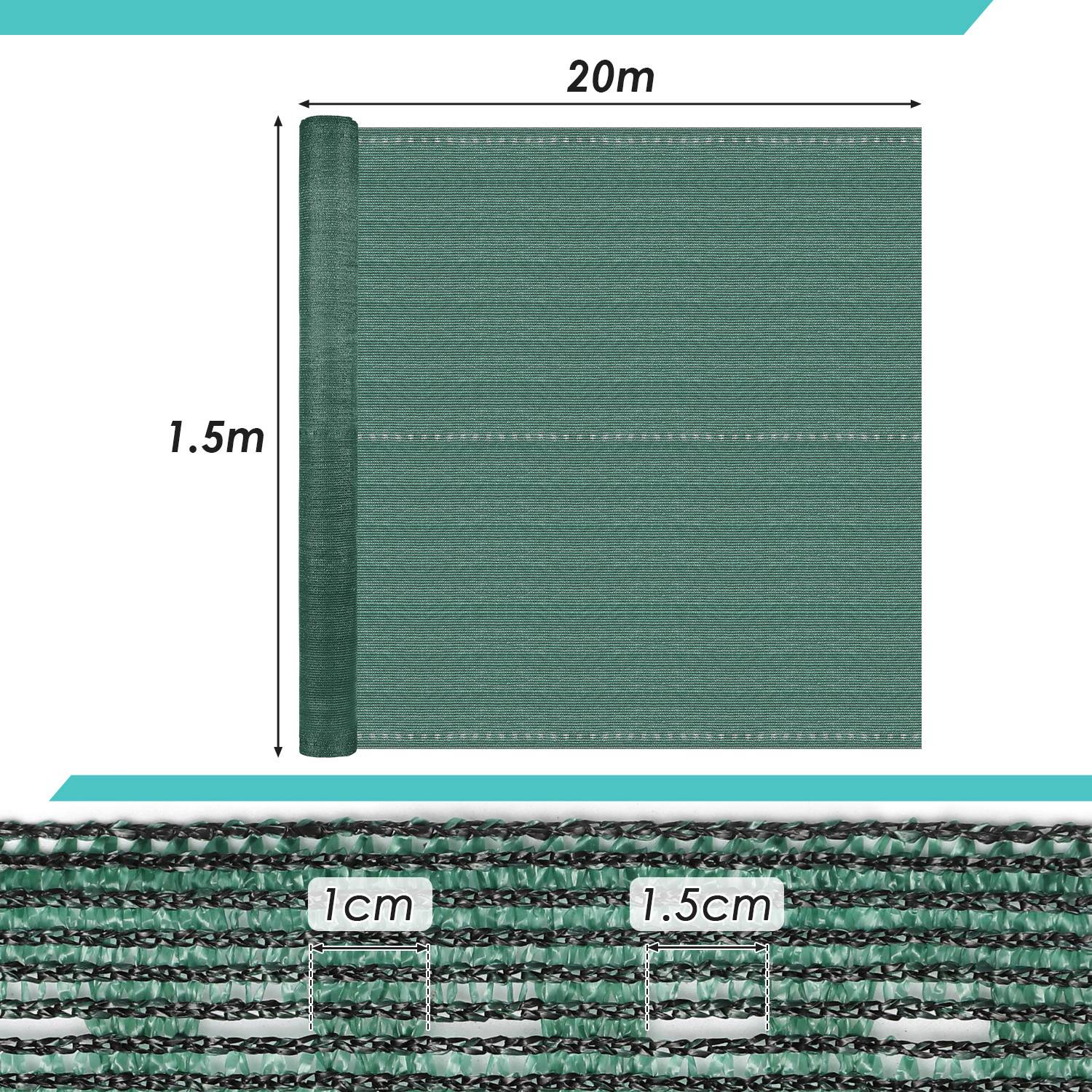 Grüner Maschenblendschirm, Abmessungen 20m x 1,5m, mit 1,5cm Abstand zwischen vertikalen Fäden. Nahaufnahme zeigt die Fadenestruktur.