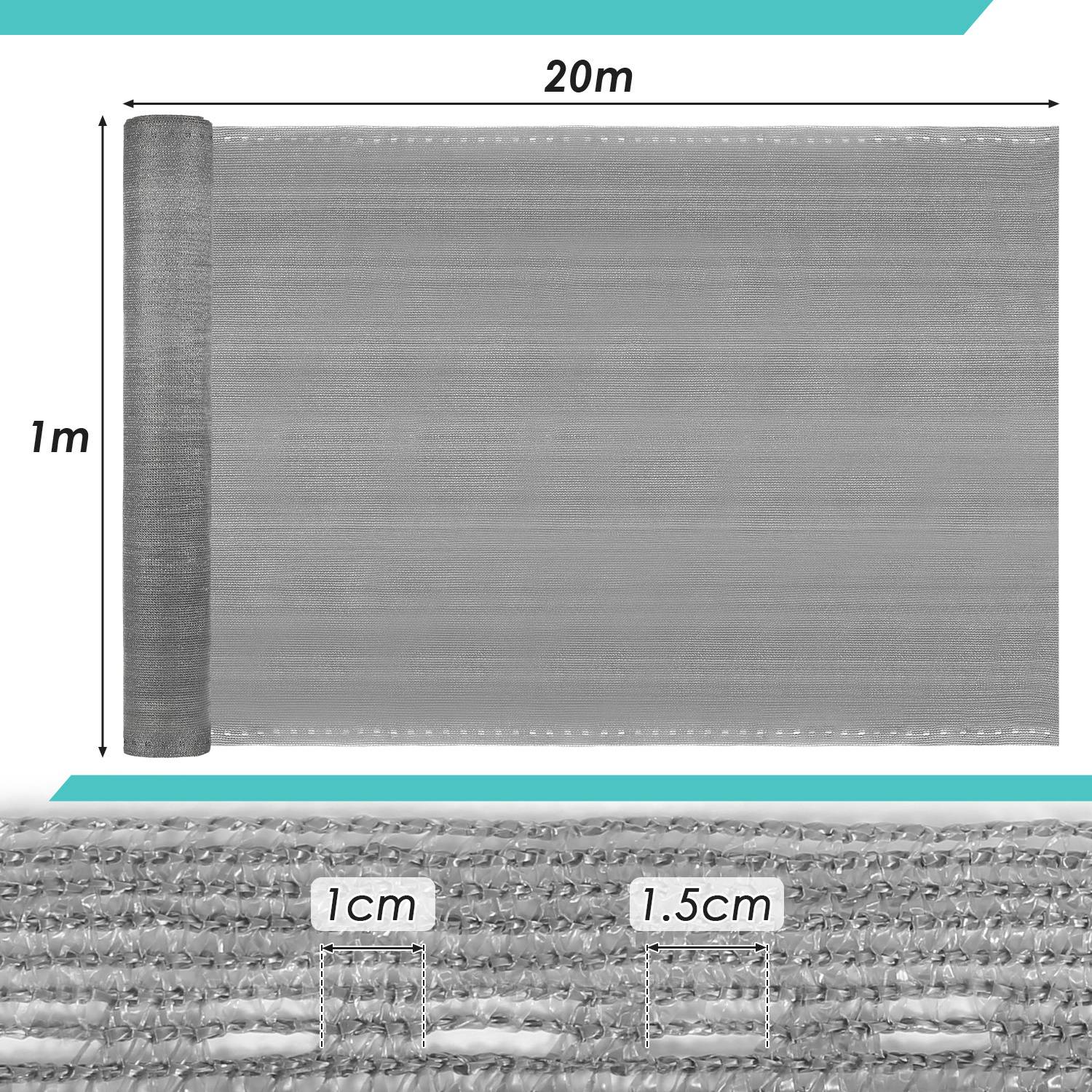 Maschen-Netz mit einer Breite von 20 Metern und einer Höhe von 1 Meter, mit 1,5 cm großen Lücken. Nahaufnahme der Netzstruktur, die 1 cm und 1,5 cm Abstände hervorhebt.